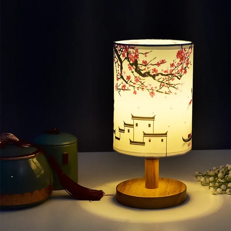 LED Square Table Lamp Dimmable Bedside Light Fabric Shade Chinese Style Decor - Image 4