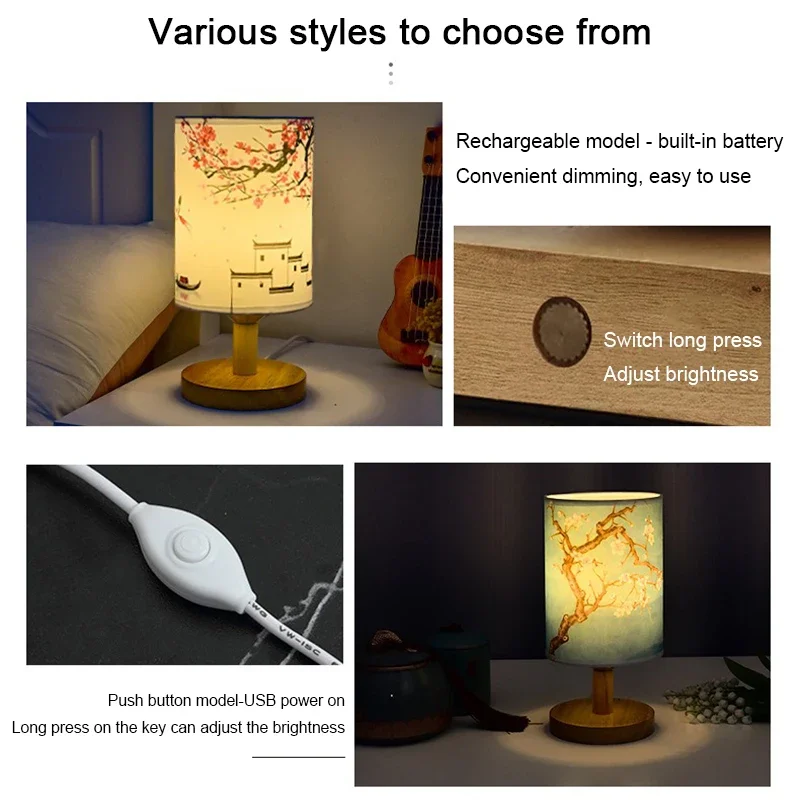 LED Square Table Lamp Dimmable Bedside Light Fabric Shade Chinese Style Decor - Image 5