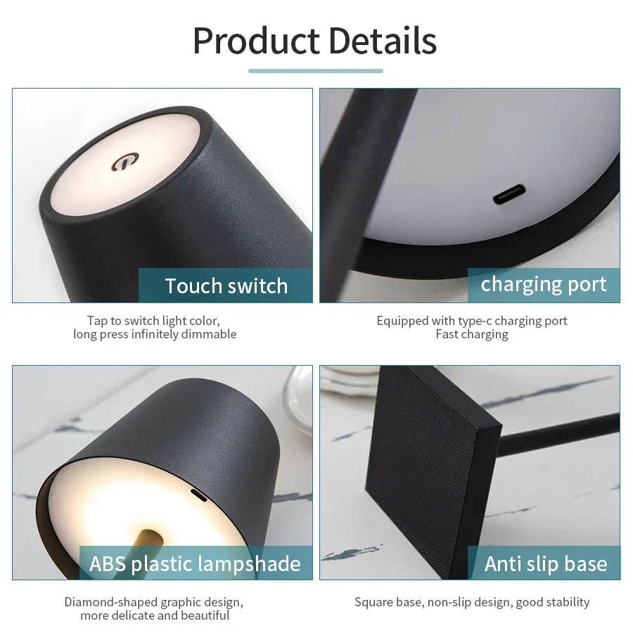 LED Table Lamp 3-Level Dimmable Wireless Touch Desk Lamp USB Rechargeable Night Light - Image 4