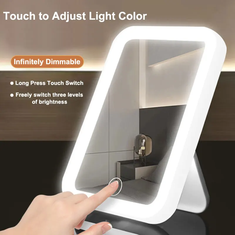 LED Vanity Makeup Mirror Touch Screen USB Rechargeable 3 Colors Dimmable Portable - Image 2