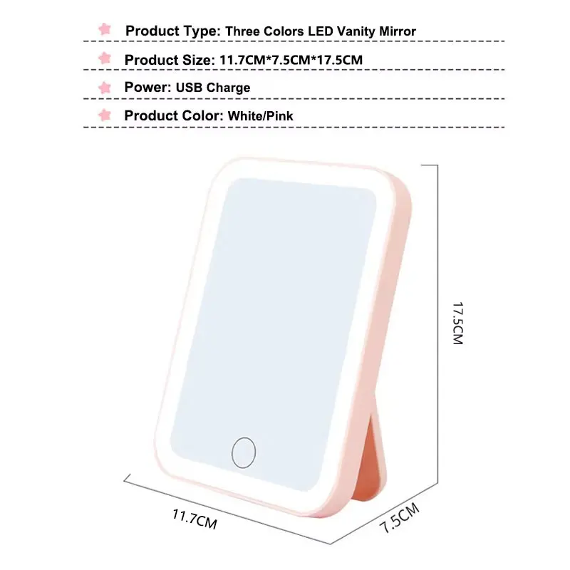 LED Vanity Makeup Mirror Touch Screen USB Rechargeable 3 Colors Dimmable Portable - Image 3