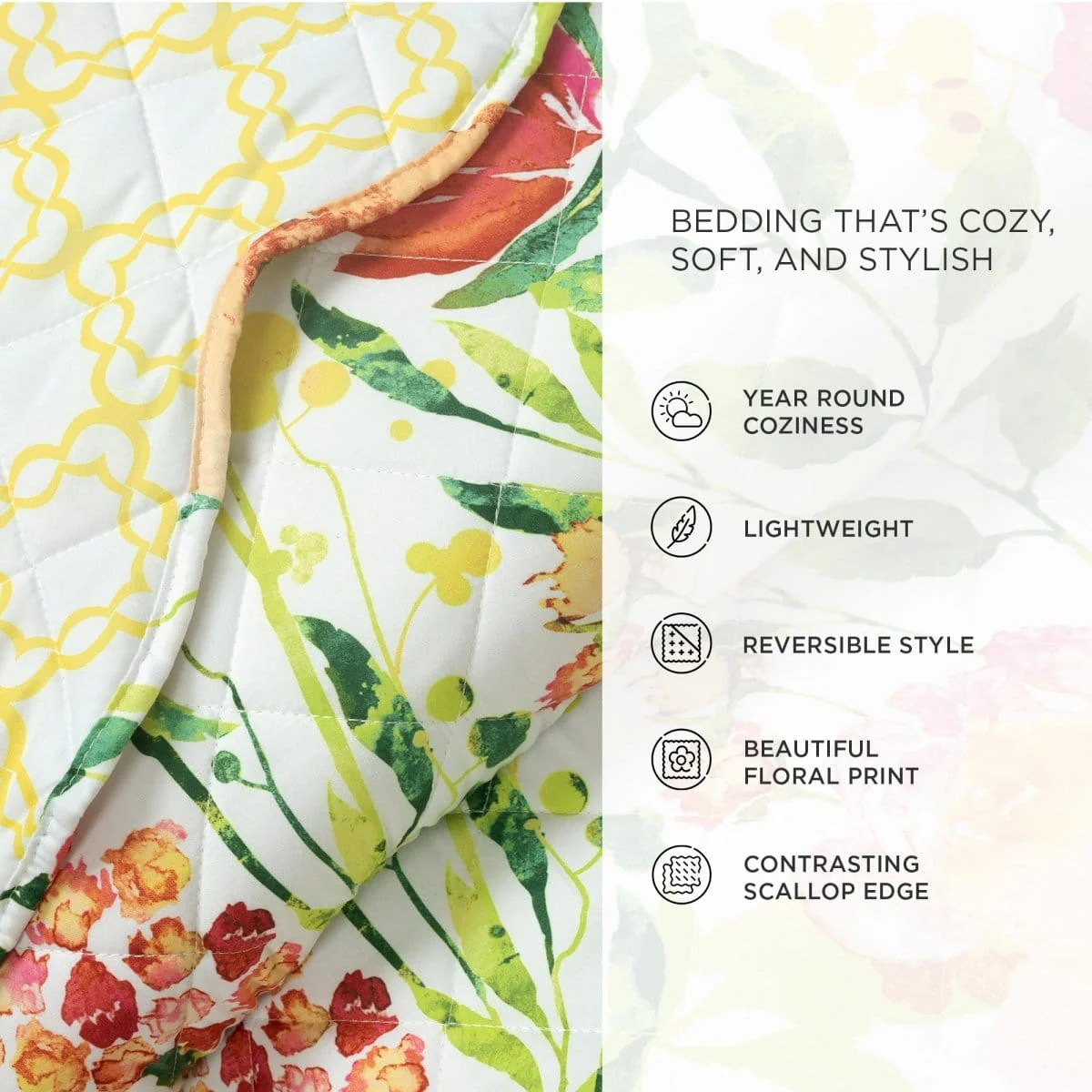 Leilani Watercolor Scallop Edged Floral 3 Piece Quilt Set - Image 8