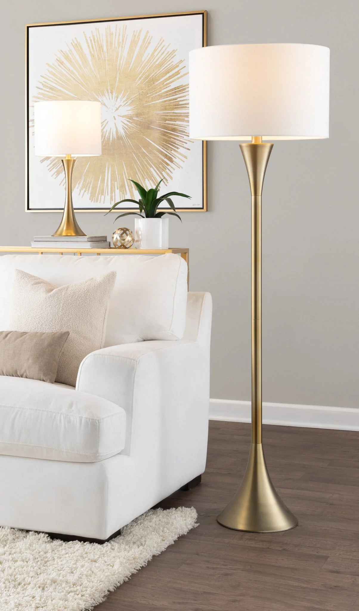 Lenuxe 65" Contemporary Metal Floor Lamp in Gold Metal with White Linen Shade - Image 5