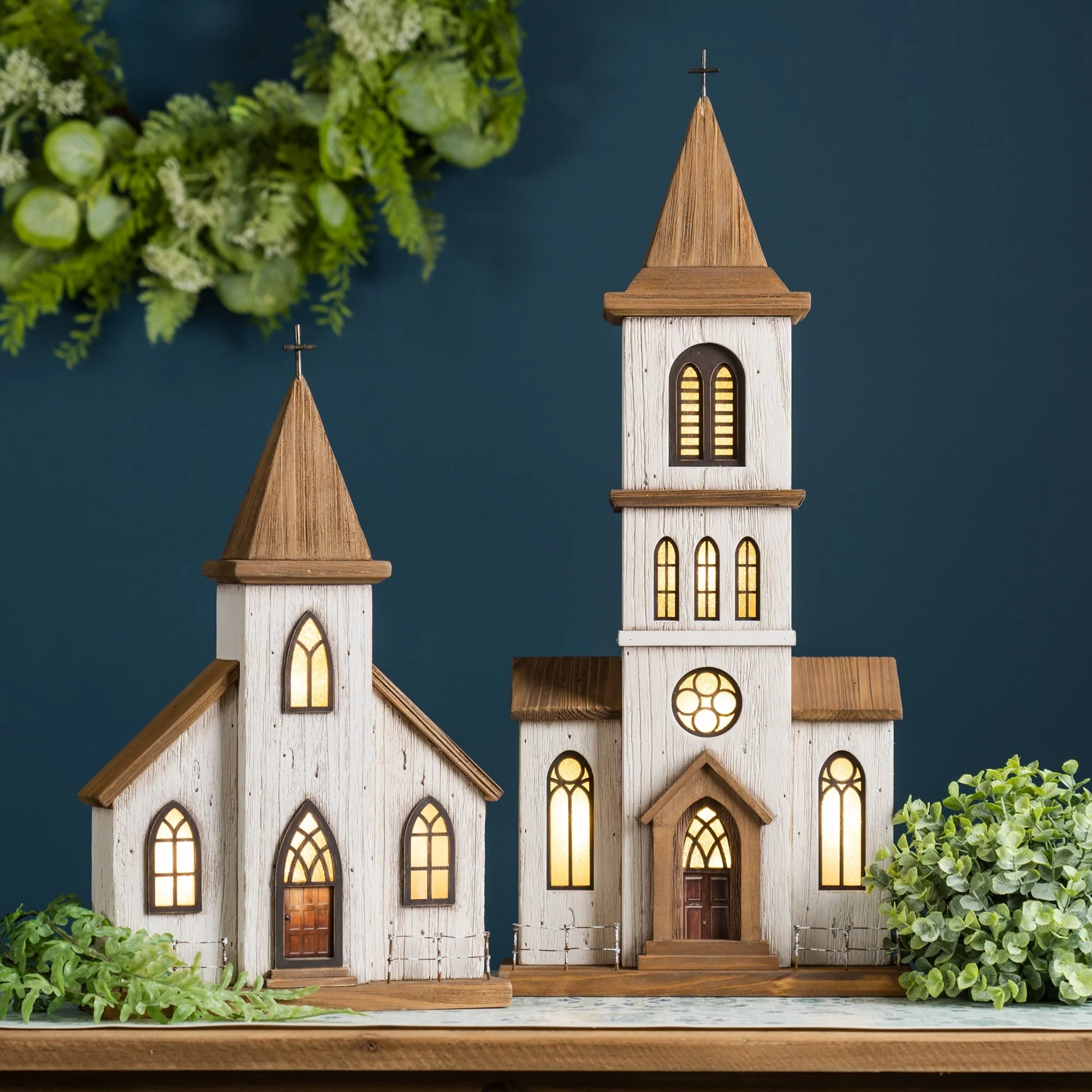 Lighted Natural Wooden Church Display with Rustic Metal Accents - Image 2