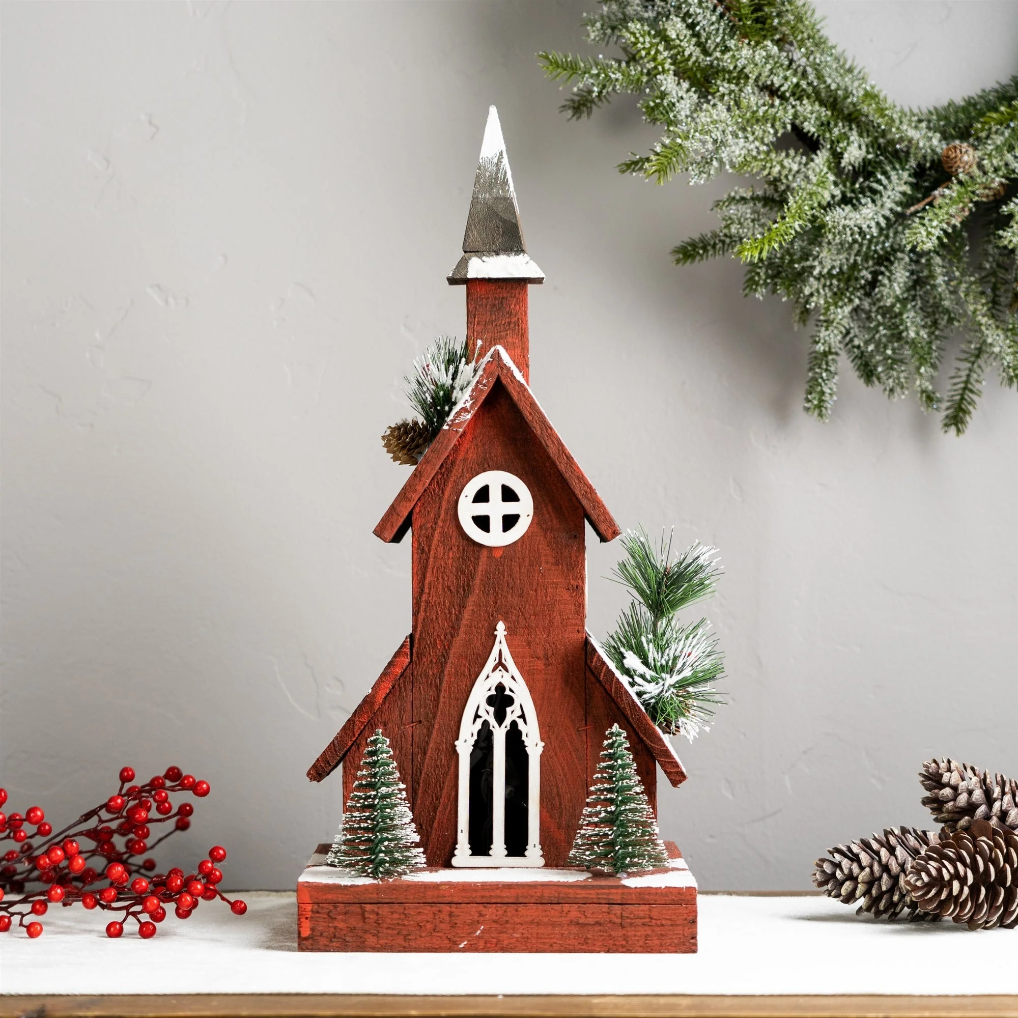 Lighted Winter Church Display with Pine Accents and Snowy Finish 19"H - Image 2