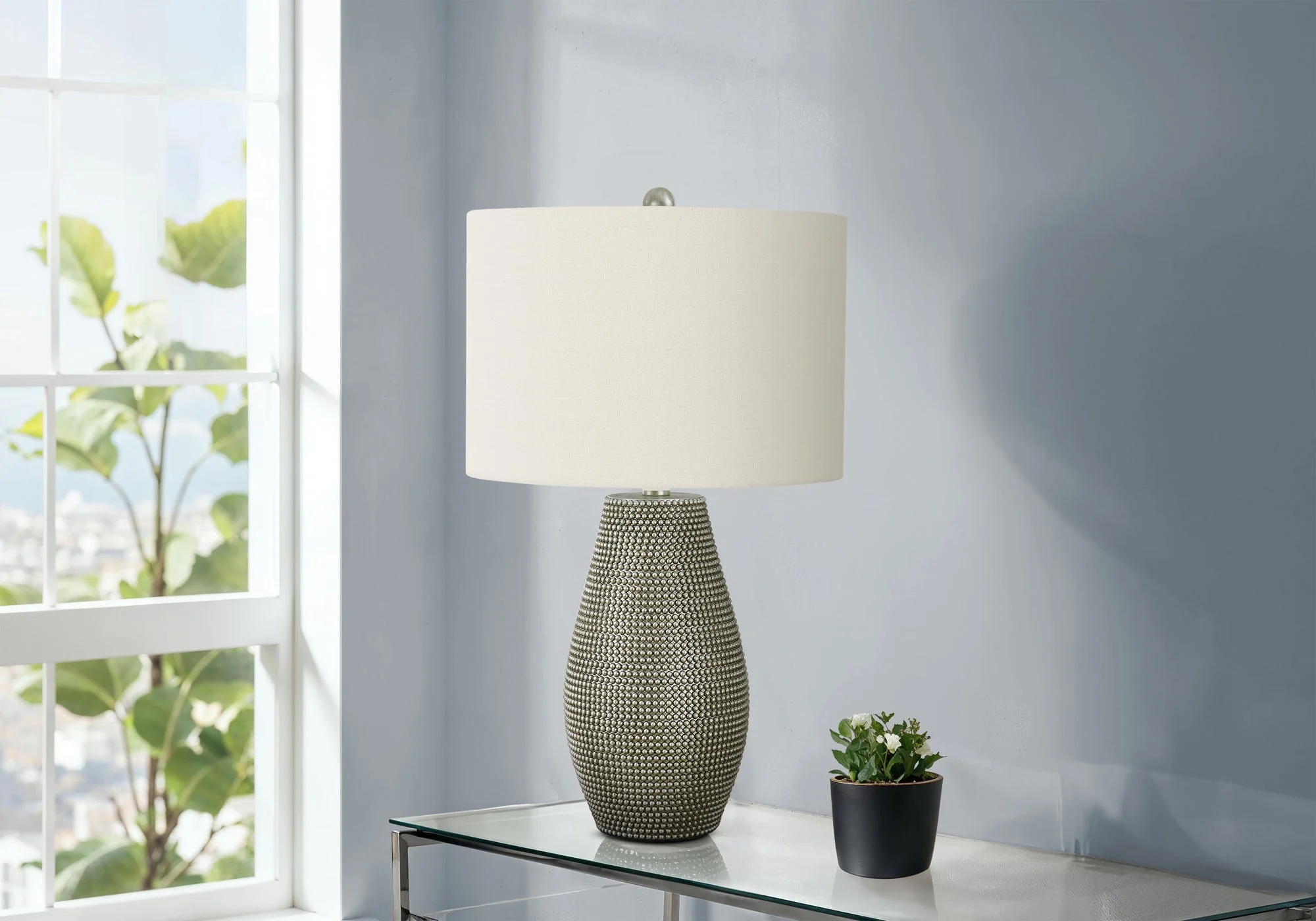 Lighting, 24'h, Table Lamp, Grey Resin, Ivory / Cream Shade, Contemporary - Image 2