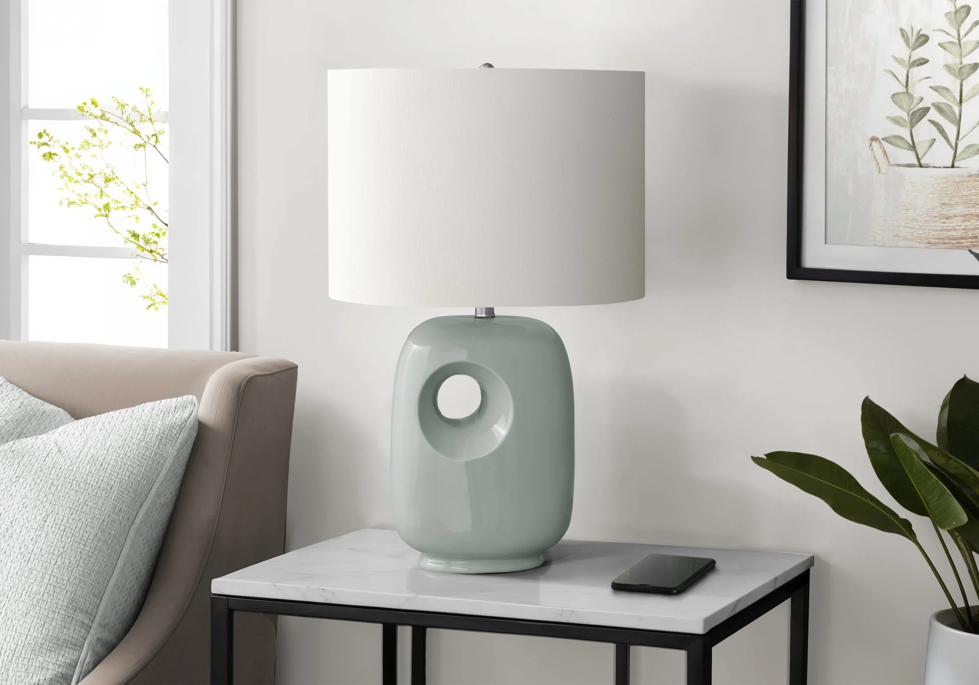 Lighting, 26'h, Table Lamp, Green Ceramic, Ivory / Cream Shade, Contemporary, Modern - Image 2