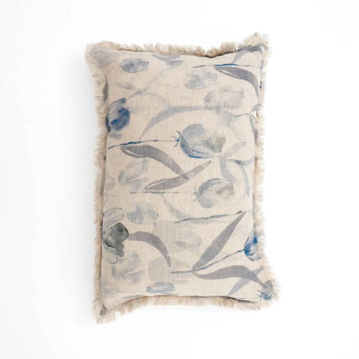 Linen Printed Lumbar Throw Pillow with Fringes (Blue & Grey) 16x24 - Image 7