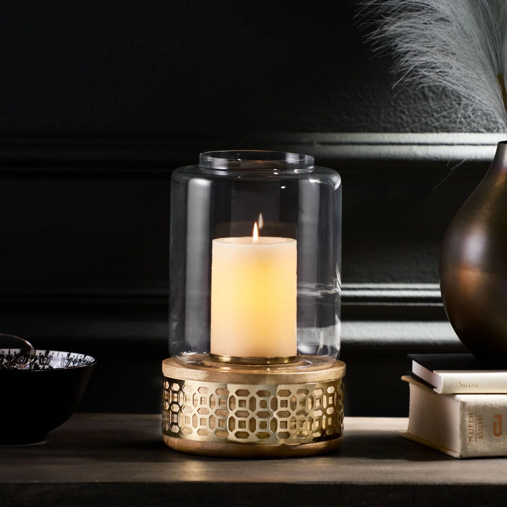 Lippert Boho Handcrafted Mango Wood Hurricane Candle Holder With Tempered Glass And Metal Accents, Large - Natural - Image 2