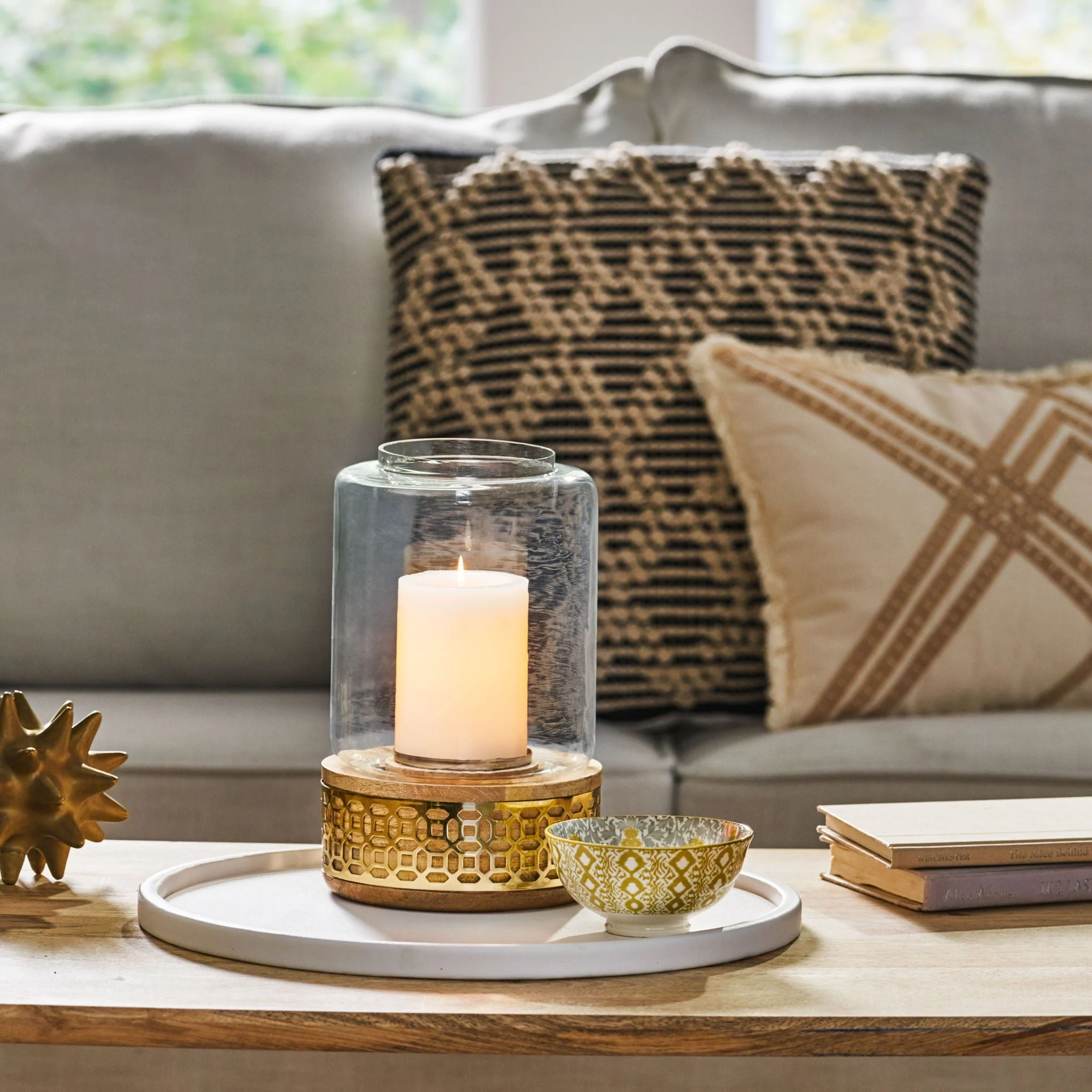 Lippert Boho Handcrafted Mango Wood Hurricane Candle Holder With Tempered Glass And Metal Accents, Large - Natural - Image 3