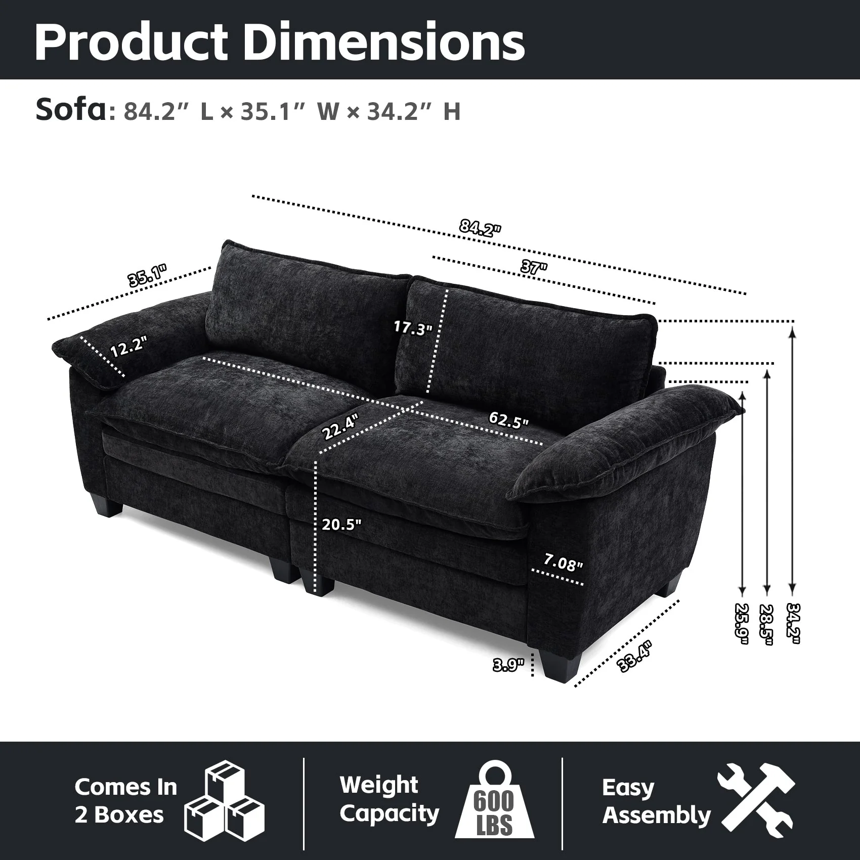 Living Room Furniture Big Loveseat Luxury Couch with Soft Chenille Upholstered Sofa Black - Image 10