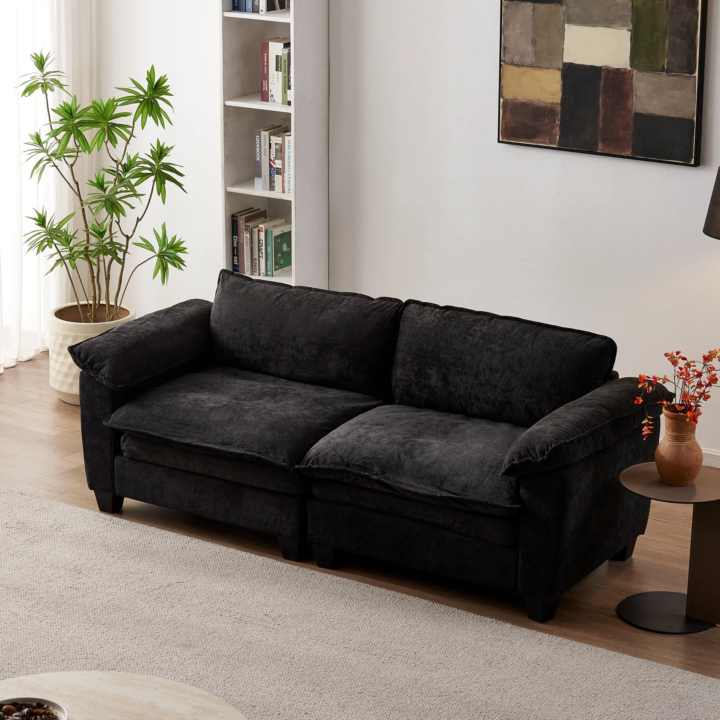 Living Room Furniture Big Loveseat Luxury Couch with Soft Chenille Upholstered Sofa Black - Image 2