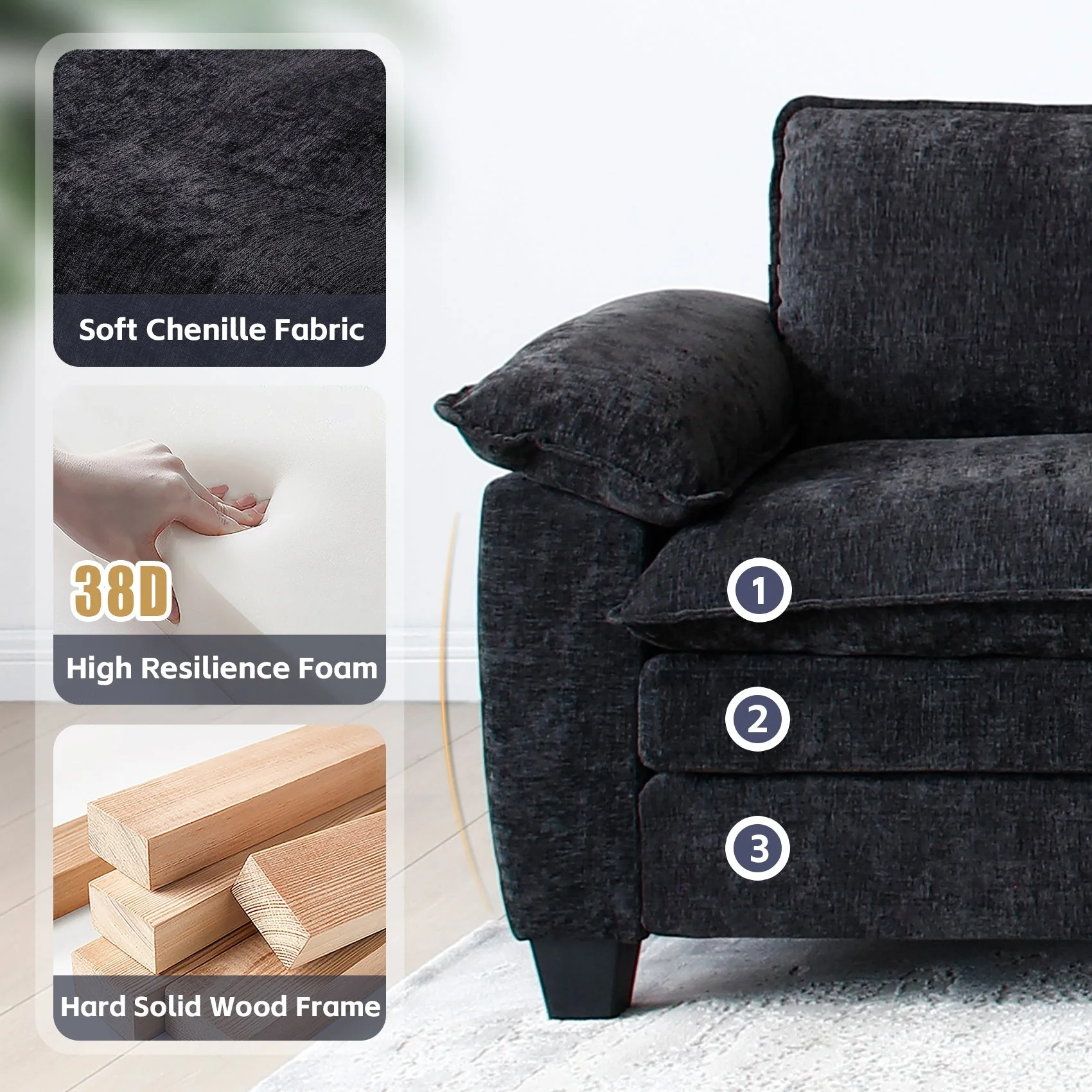 Living Room Furniture Big Loveseat Luxury Couch with Soft Chenille Upholstered Sofa Black - Image 7