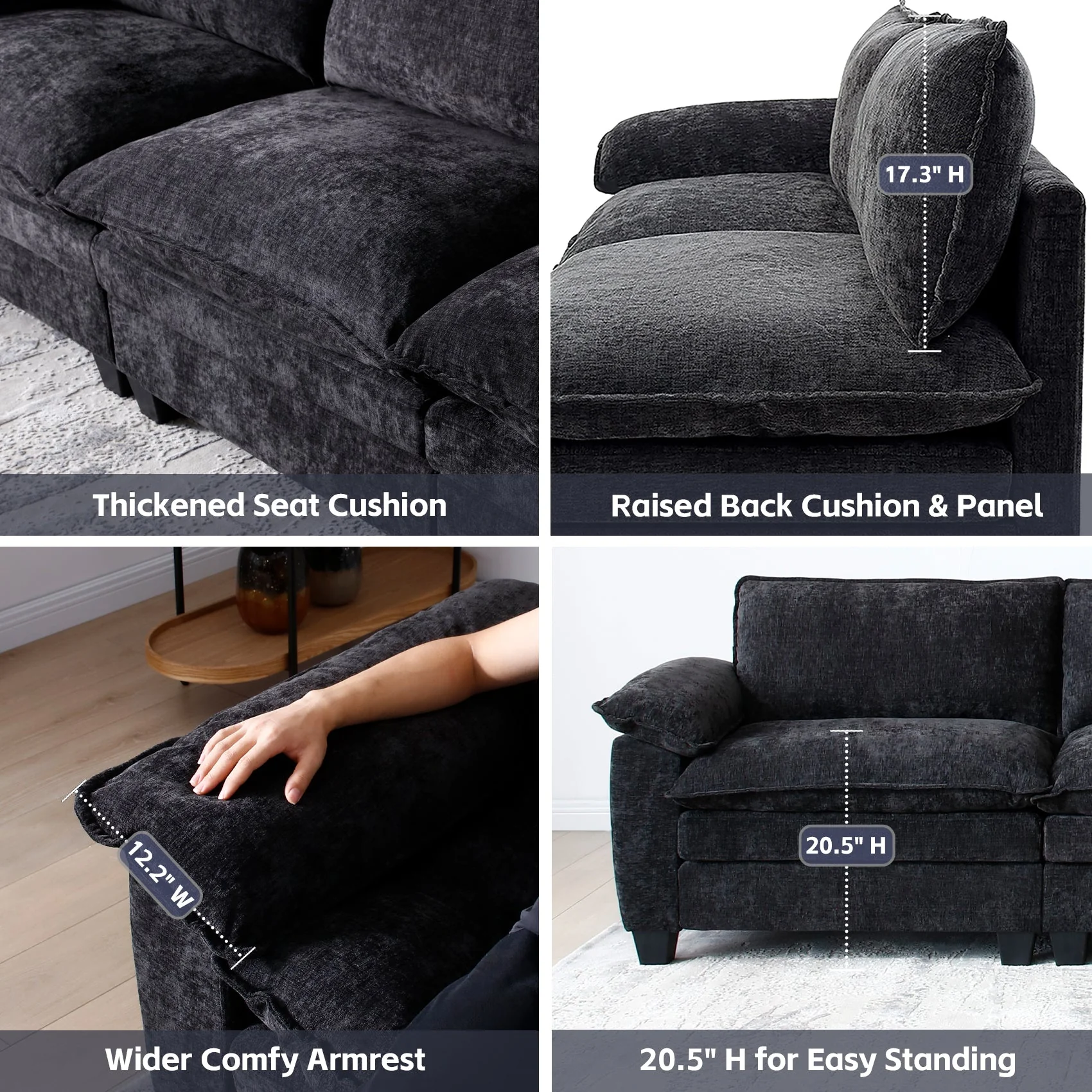Living Room Furniture Big Loveseat Luxury Couch with Soft Chenille Upholstered Sofa Black - Image 9