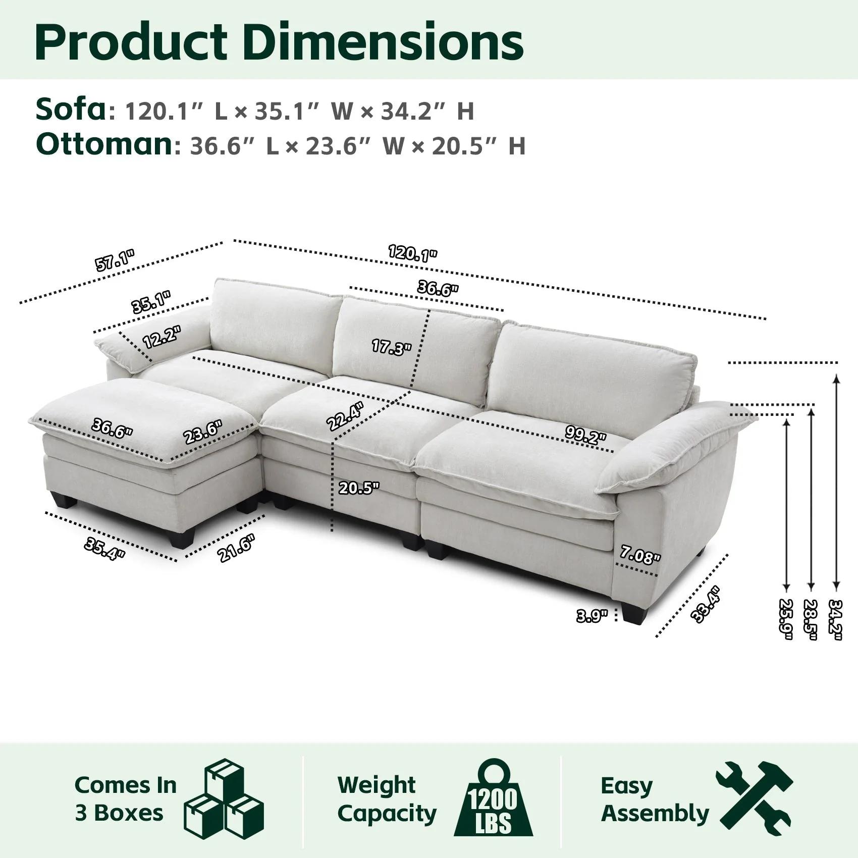 Living Room Furniture Sofa Luxury Couch with Ottoman Soft Chenille Upholstered L Shape Sofa Beige - Image 10
