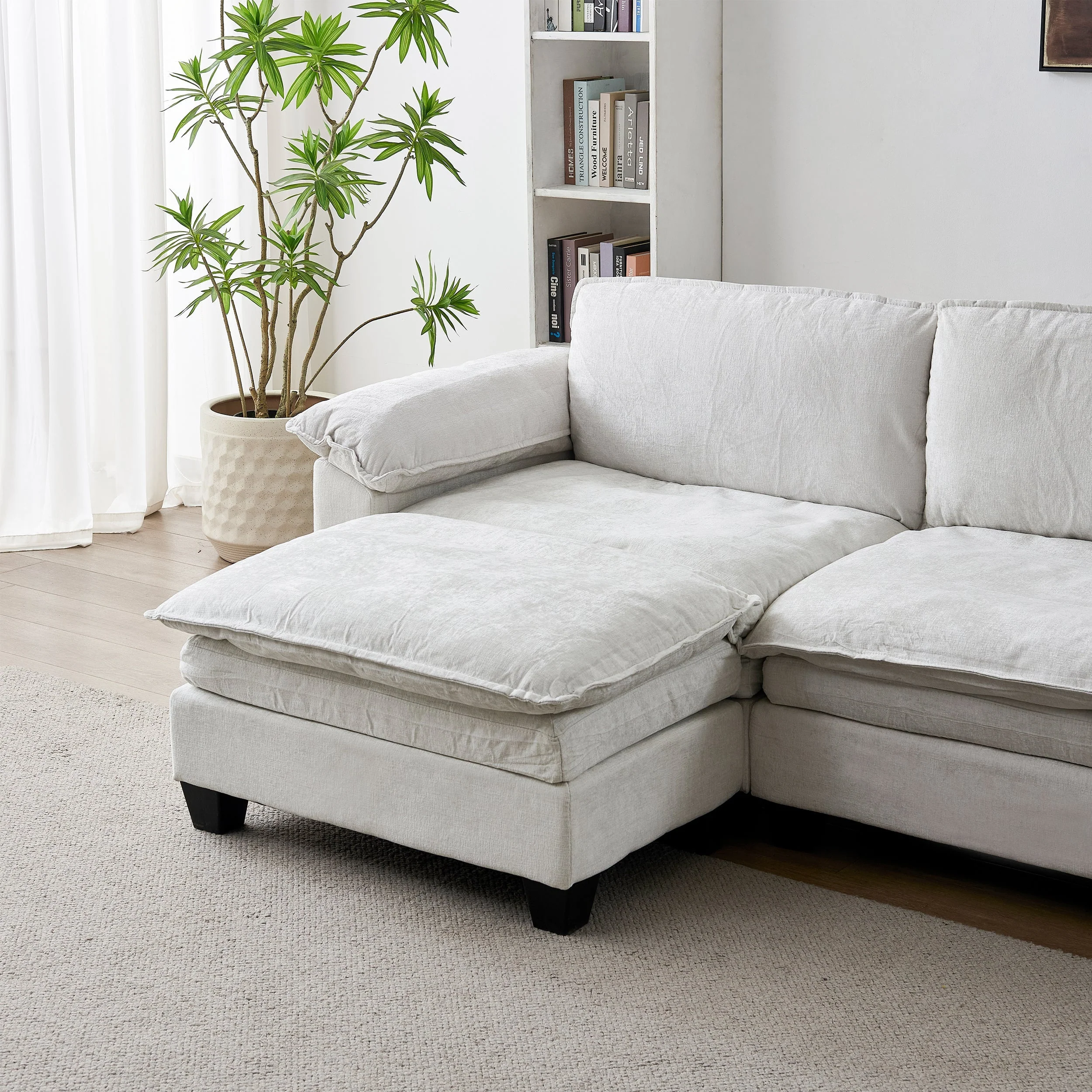 Living Room Furniture Sofa Luxury Couch with Ottoman Soft Chenille Upholstered L Shape Sofa Beige - Image 3