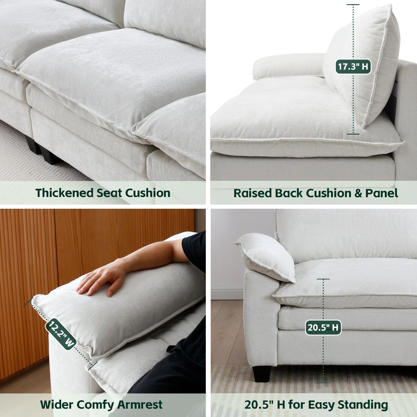 Living Room Furniture Sofa Luxury Couch with Ottoman Soft Chenille Upholstered L Shape Sofa Beige - Image 8