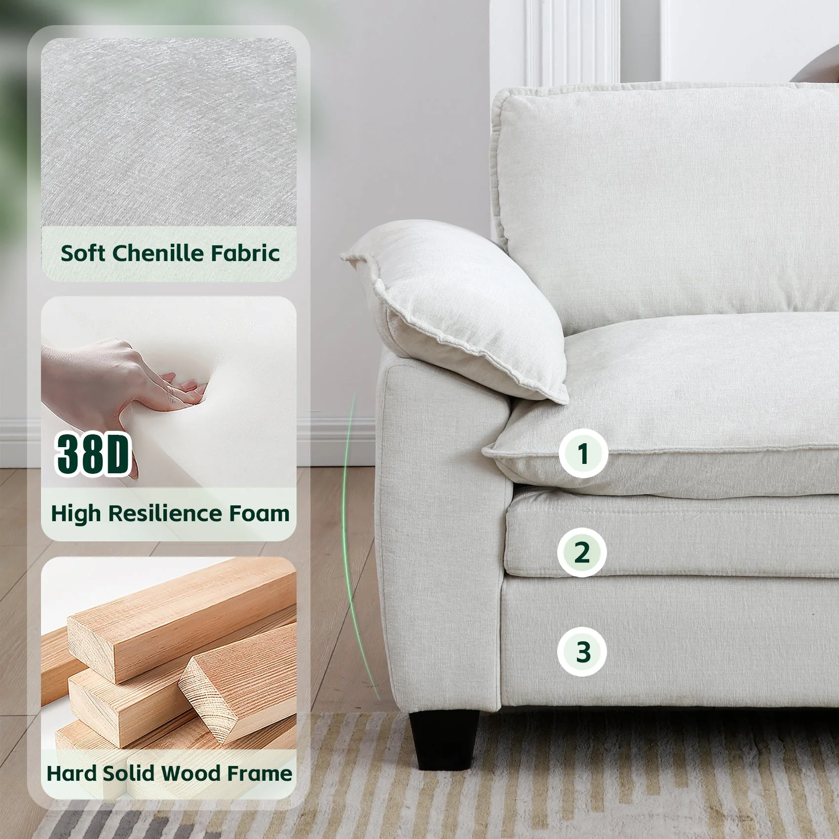 Living Room Furniture Sofa Luxury Couch with Ottoman Soft Chenille Upholstered L Shape Sofa Beige - Image 9