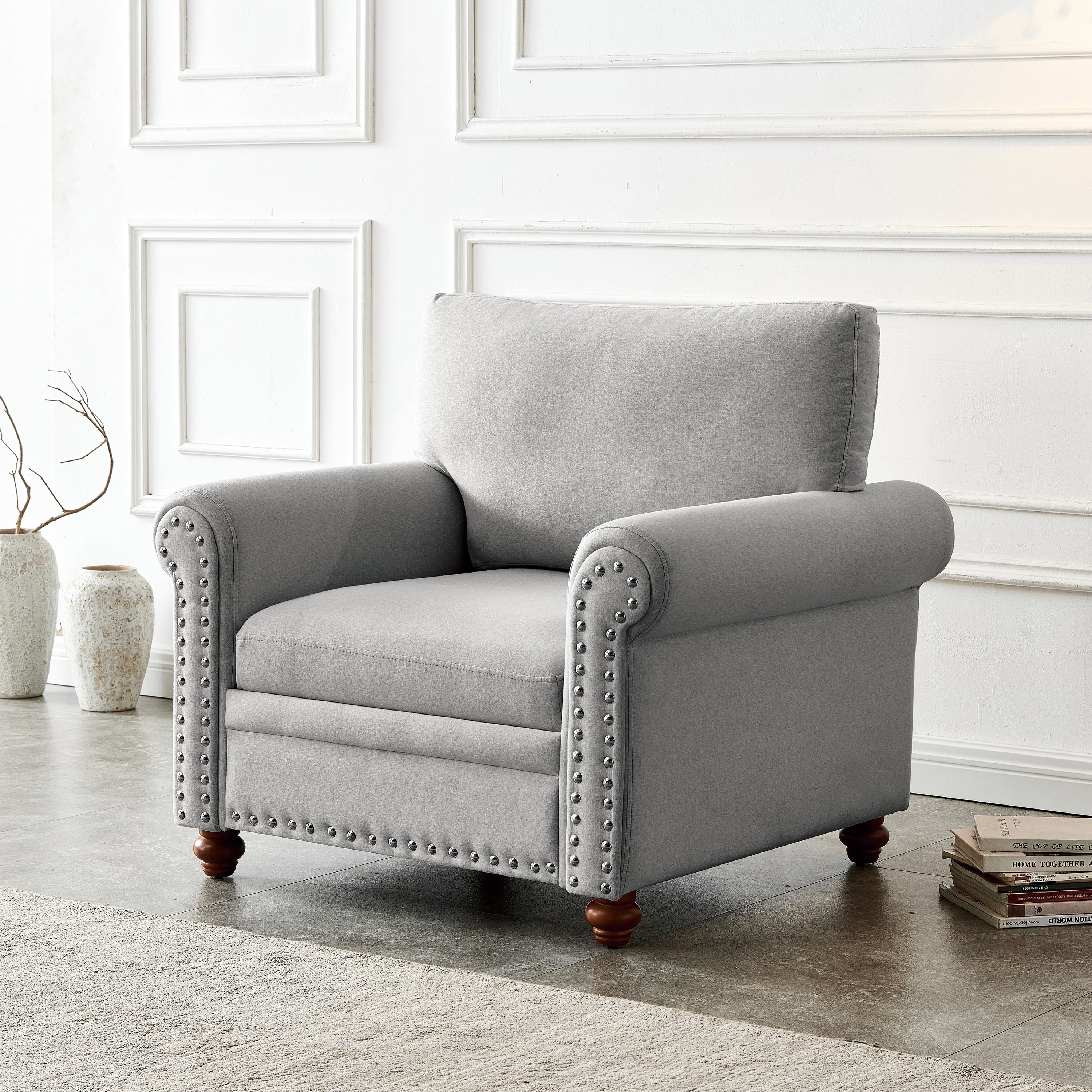Living Room Single Seat Sofa Chair with Wood Legs in Grey Fabric