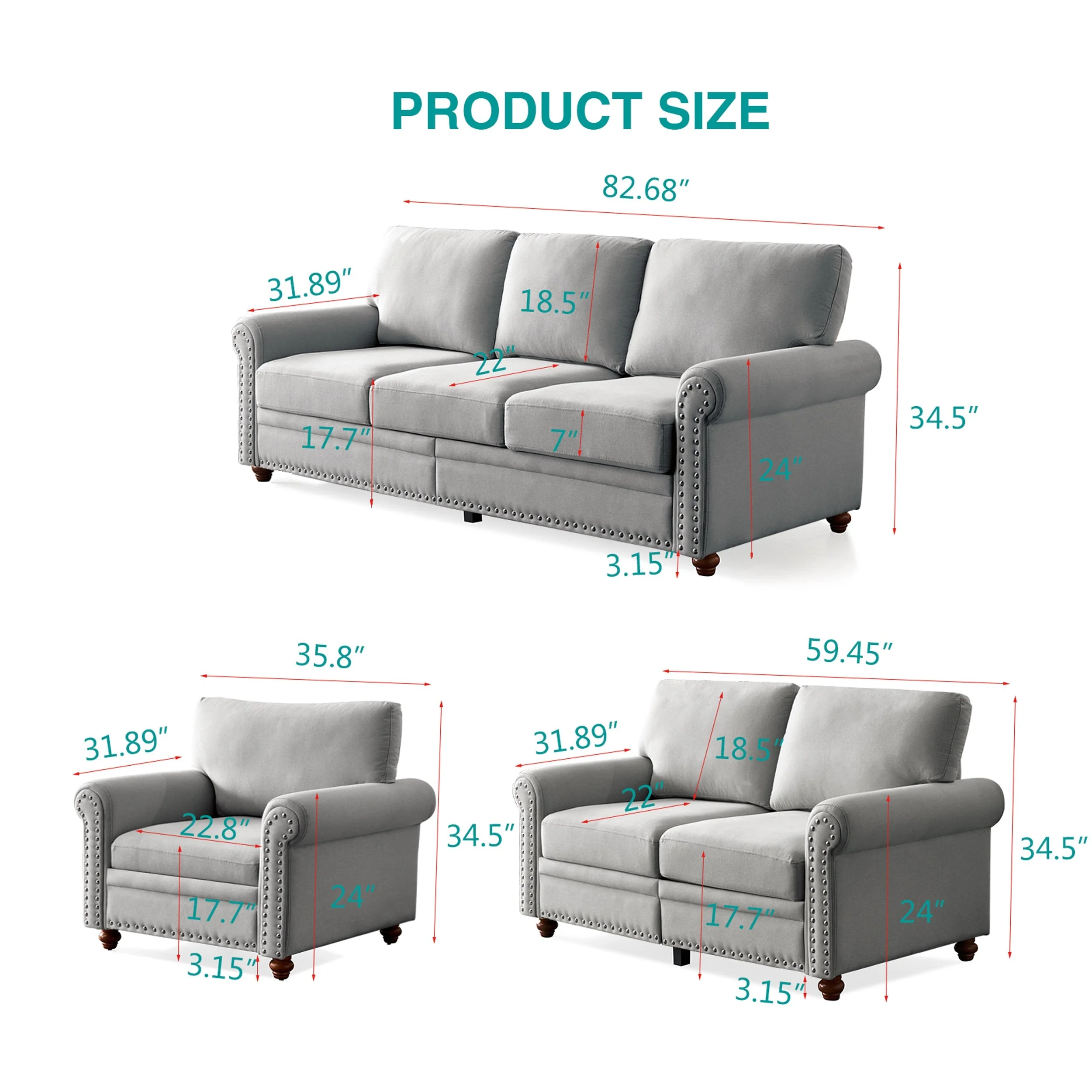 Living Room Single Seat Sofa Chair with Wood Legs in Grey Fabric - Image 10