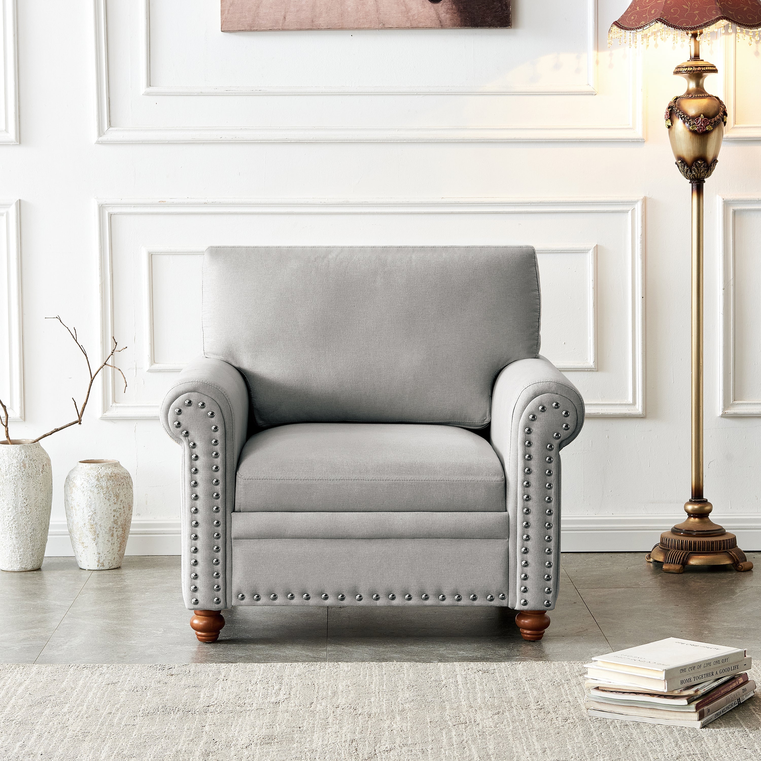 Living Room Single Seat Sofa Chair with Wood Legs in Grey Fabric - Image 2