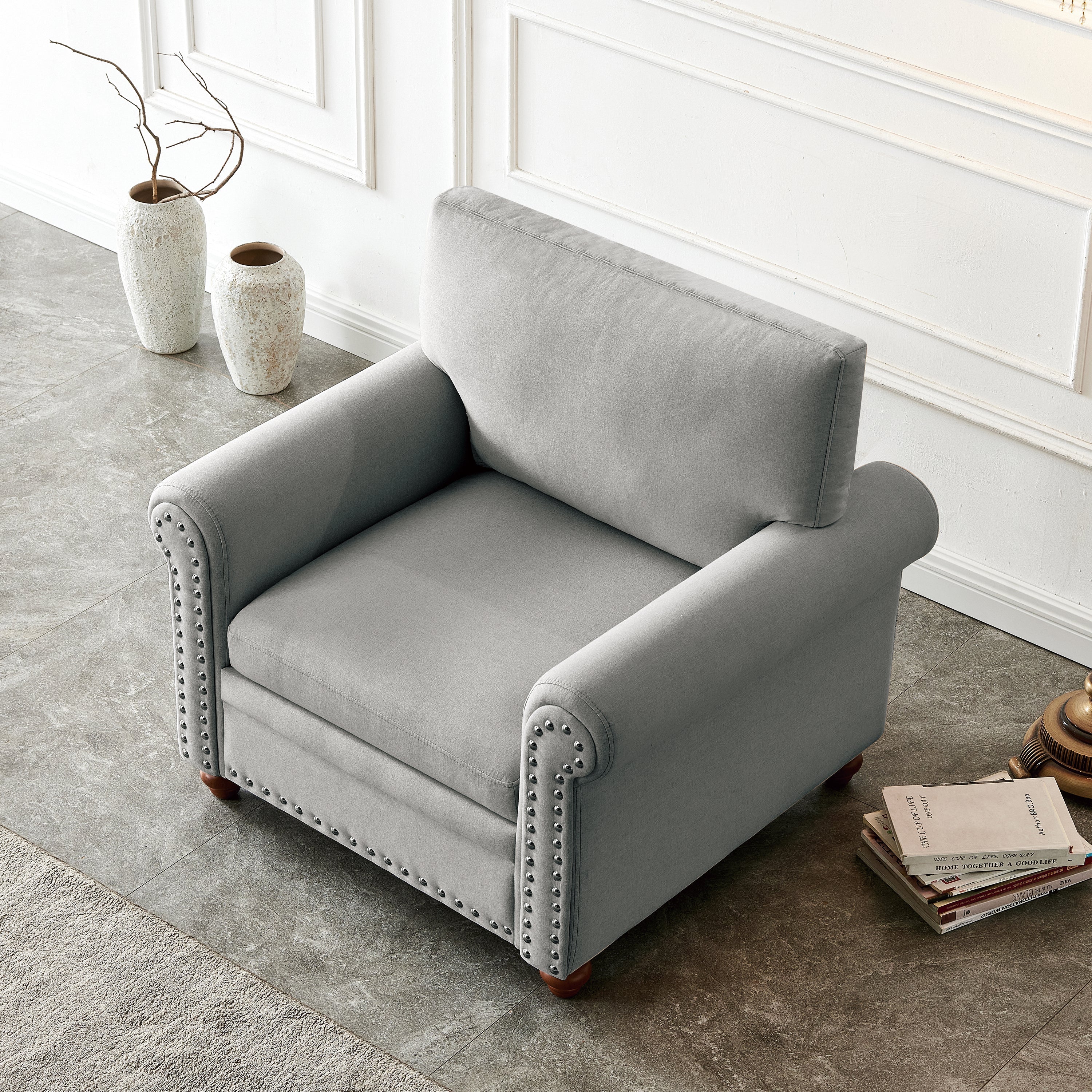 Living Room Single Seat Sofa Chair with Wood Legs in Grey Fabric - Image 3