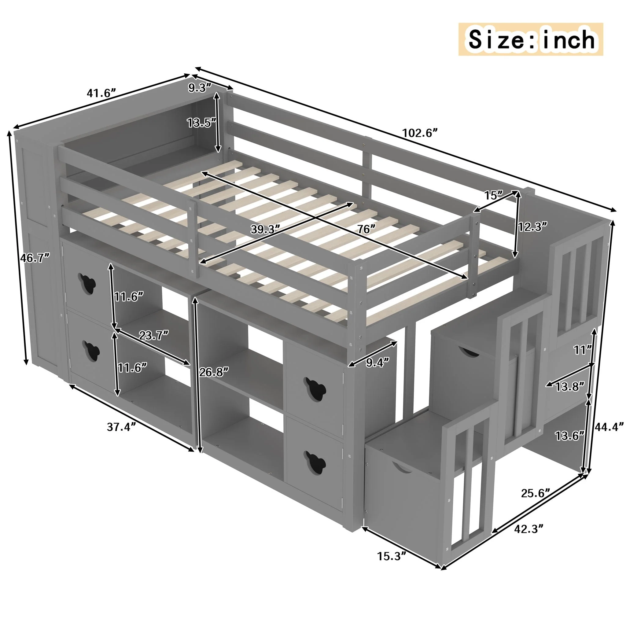Loft Bed With Storage Cabinets, Staircase Drawers & LED Lights - Image 3
