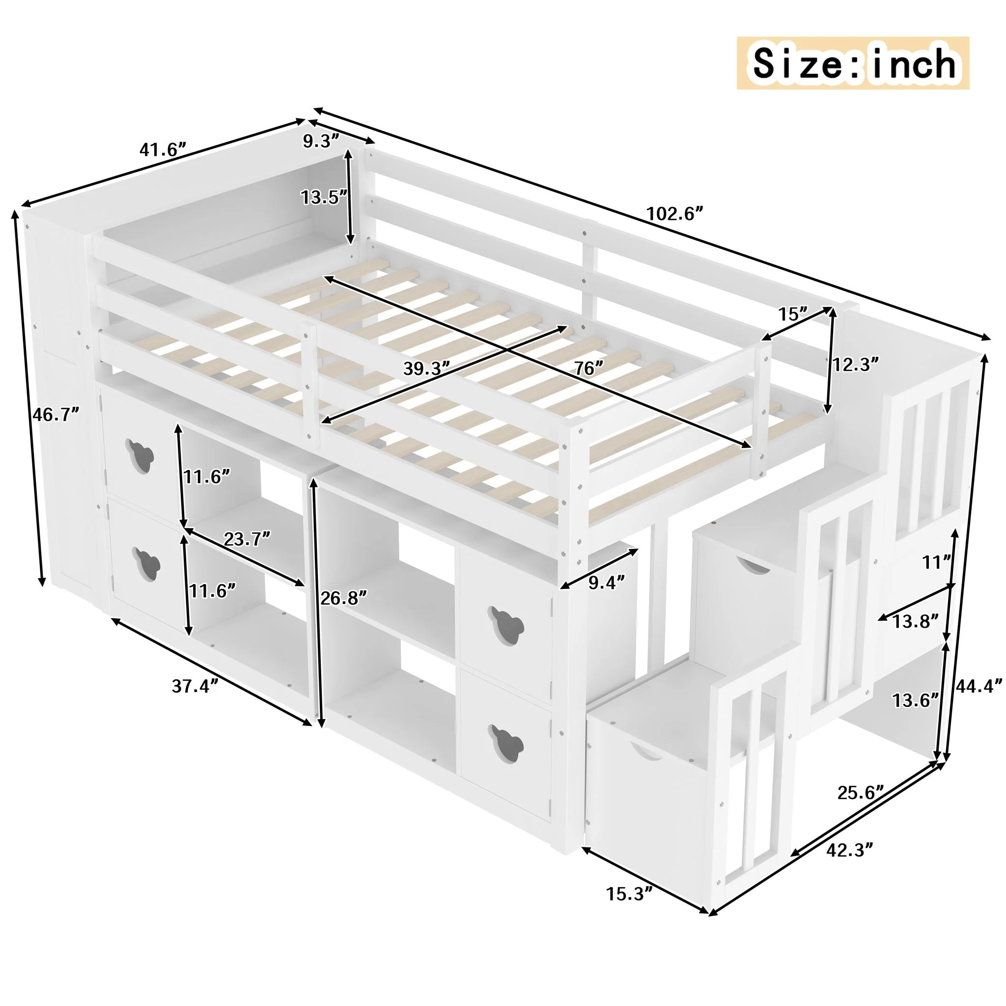 Loft Bed With Storage Cabinets, Staircase Drawers & LED Lights - Image 4
