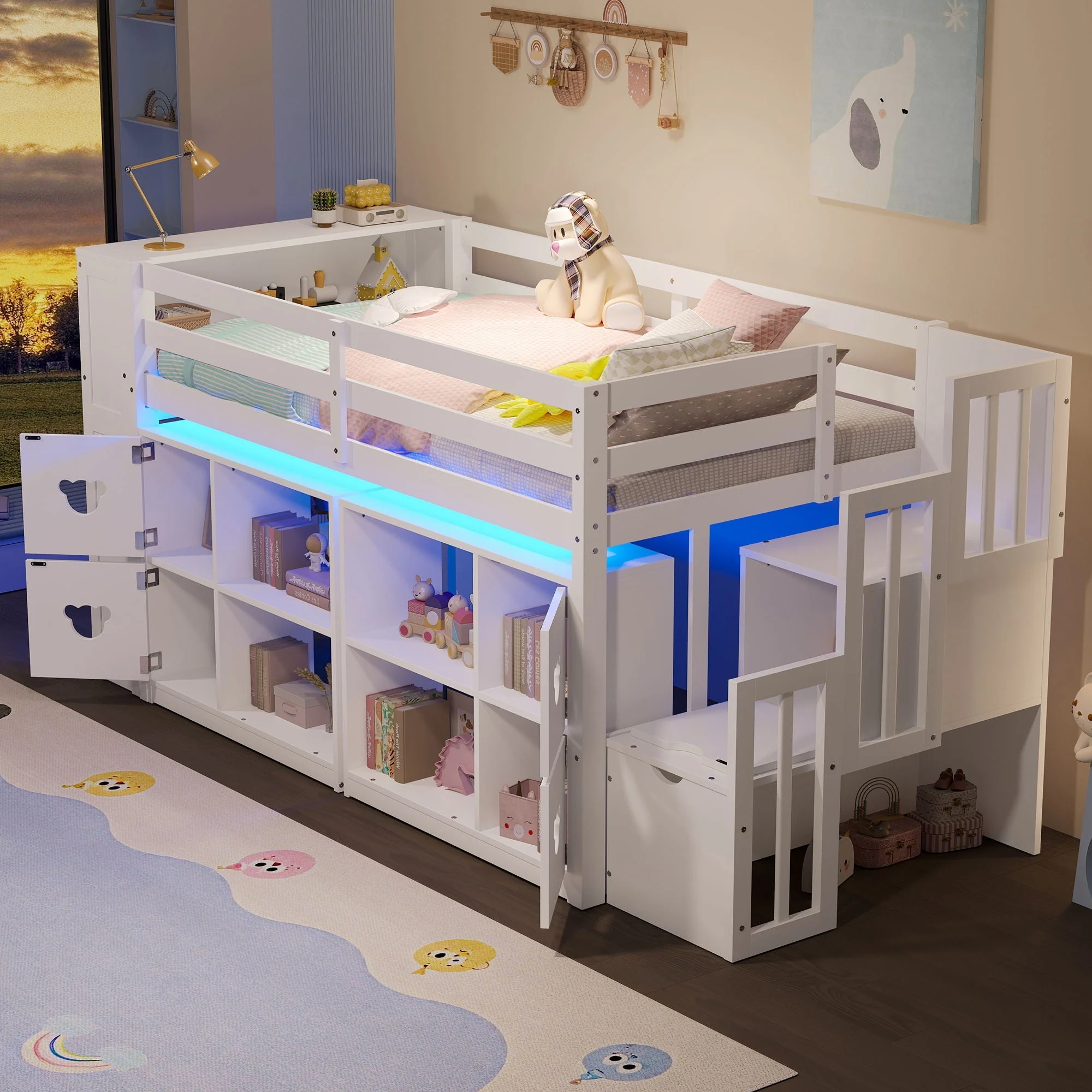 Loft Bed With Storage Cabinets, Staircase Drawers & LED Lights - Image 5
