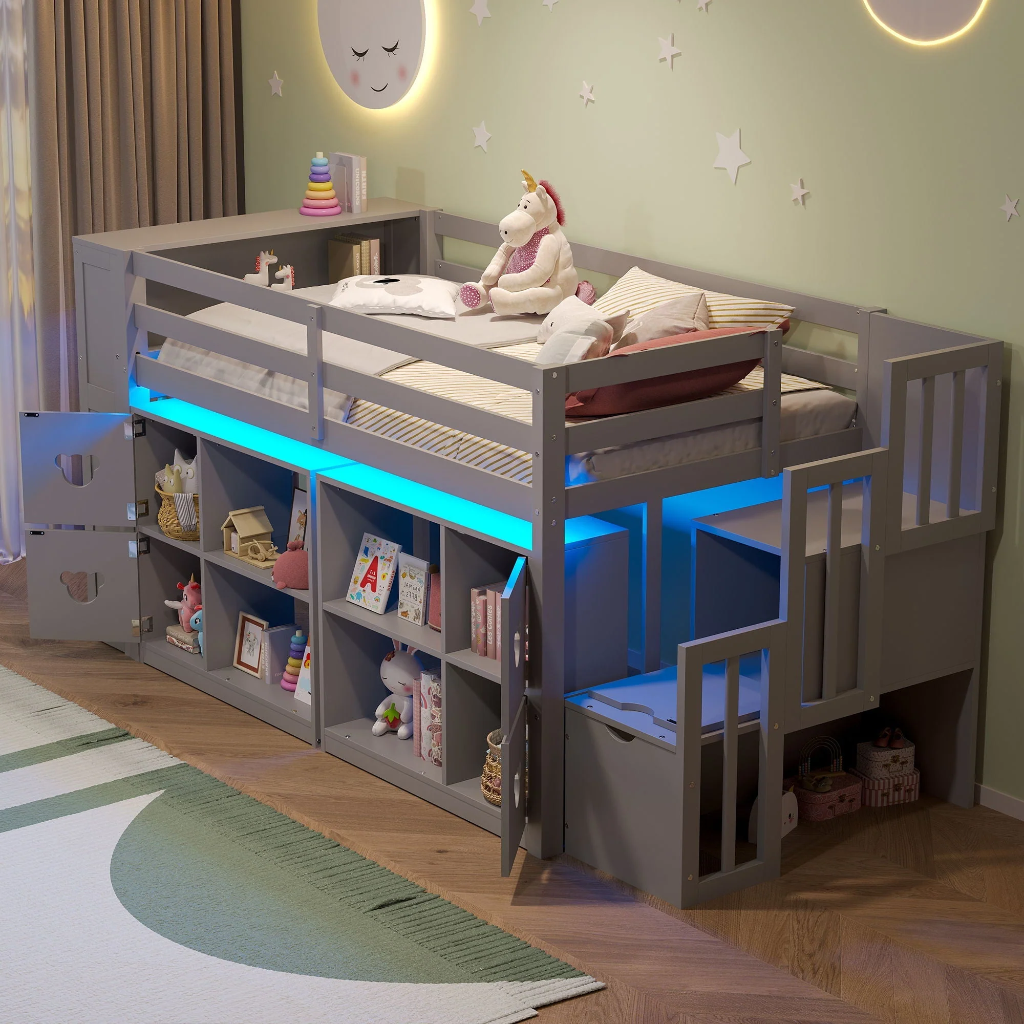 Loft Bed With Storage Cabinets, Staircase Drawers & LED Lights - Image 6