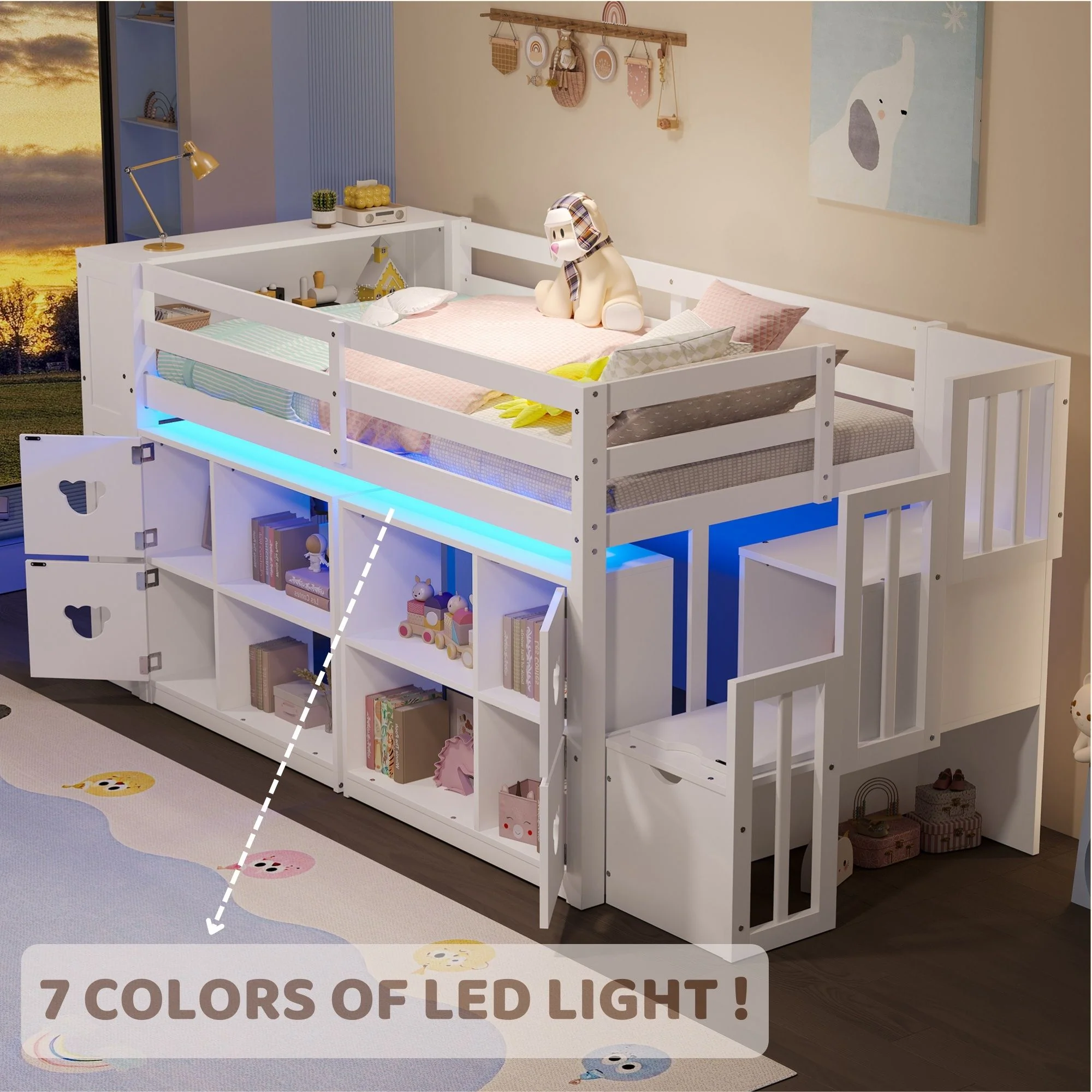 Loft Bed With Storage Cabinets, Staircase Drawers & LED Lights - Image 7