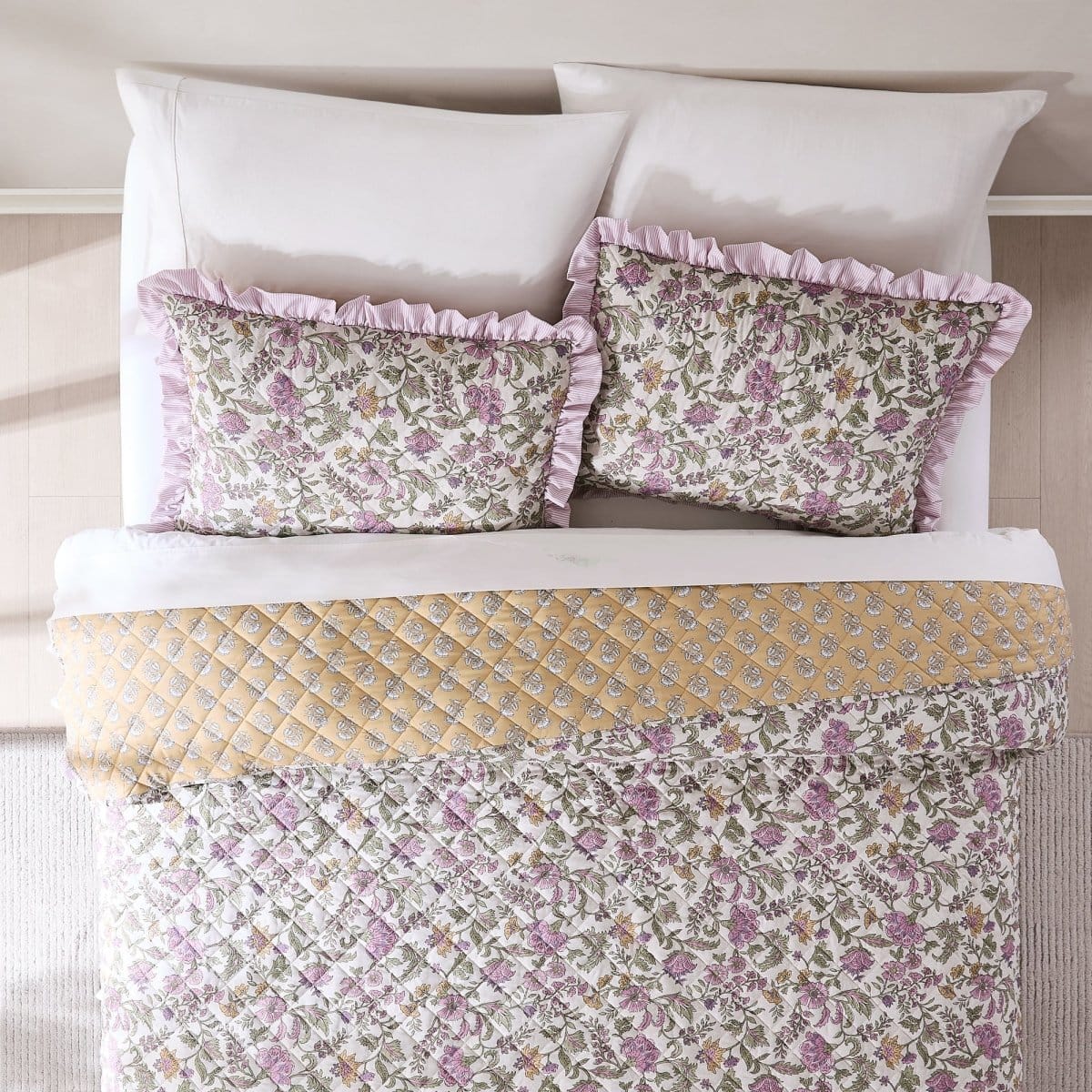 Lola Block Print Ruffle Reversible Floral Quilt Set - Image 11