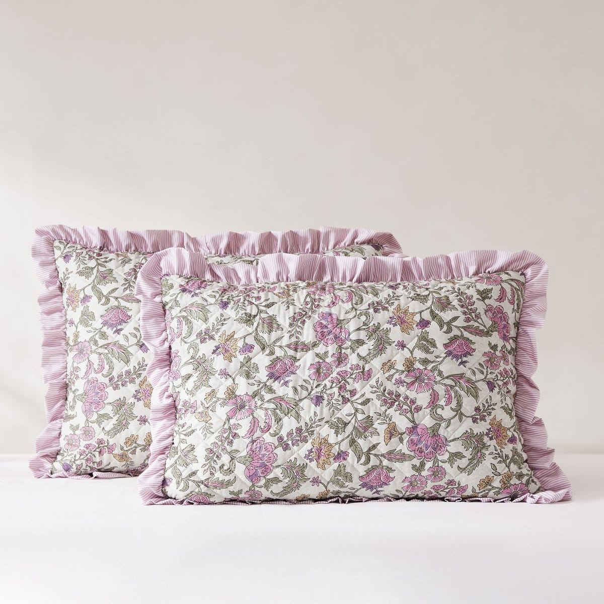 Lola Block Print Ruffle Reversible Floral Quilt Set - Image 13
