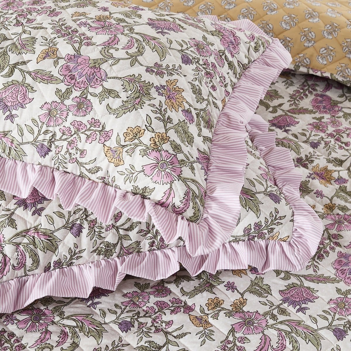 Lola Block Print Ruffle Reversible Floral Quilt Set - Image 14