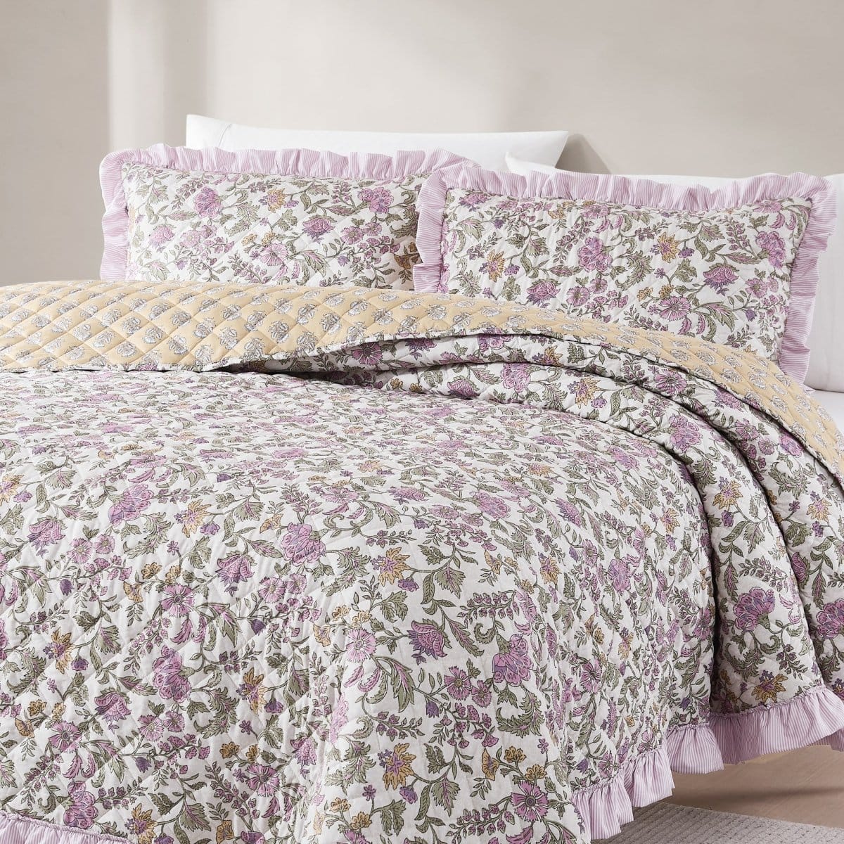 Lola Block Print Ruffle Reversible Floral Quilt Set - Image 2