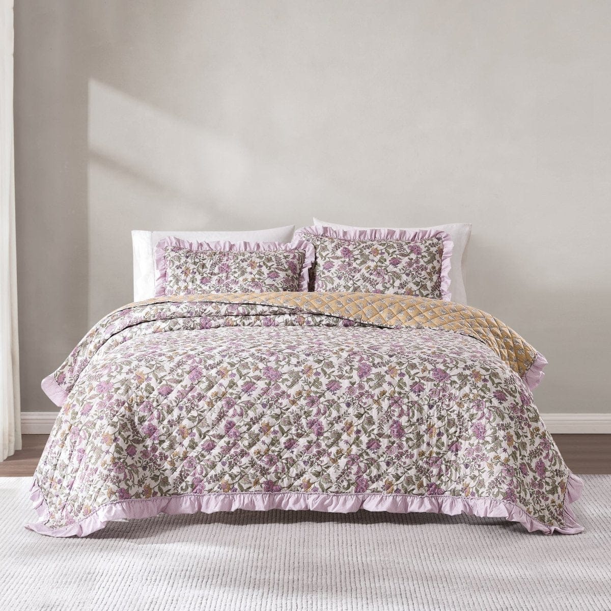 Lola Block Print Ruffle Reversible Floral Quilt Set - Image 9