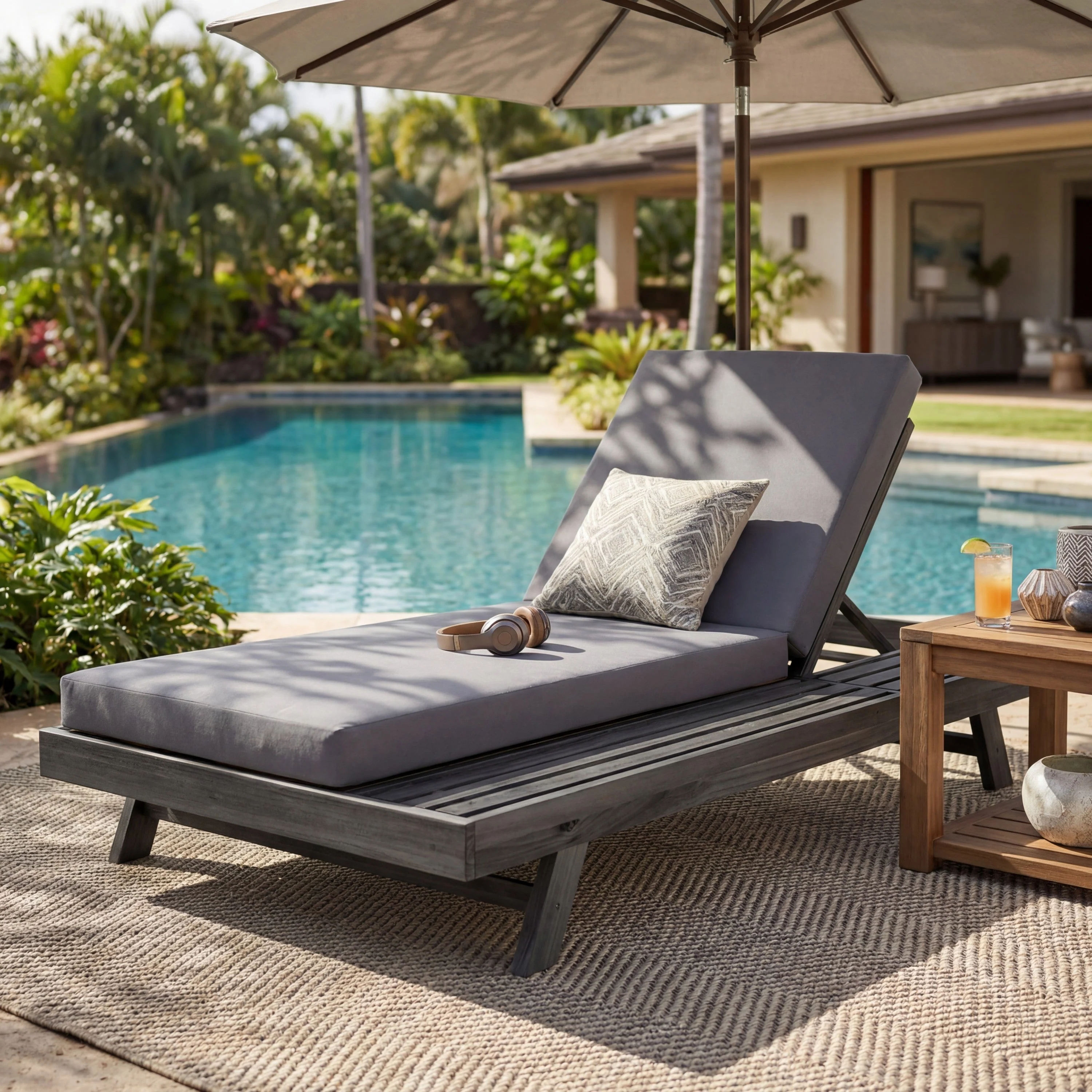 Lounge Chaise Set in Black Acacia Wood with Water-Resistant Cushions - Image 2