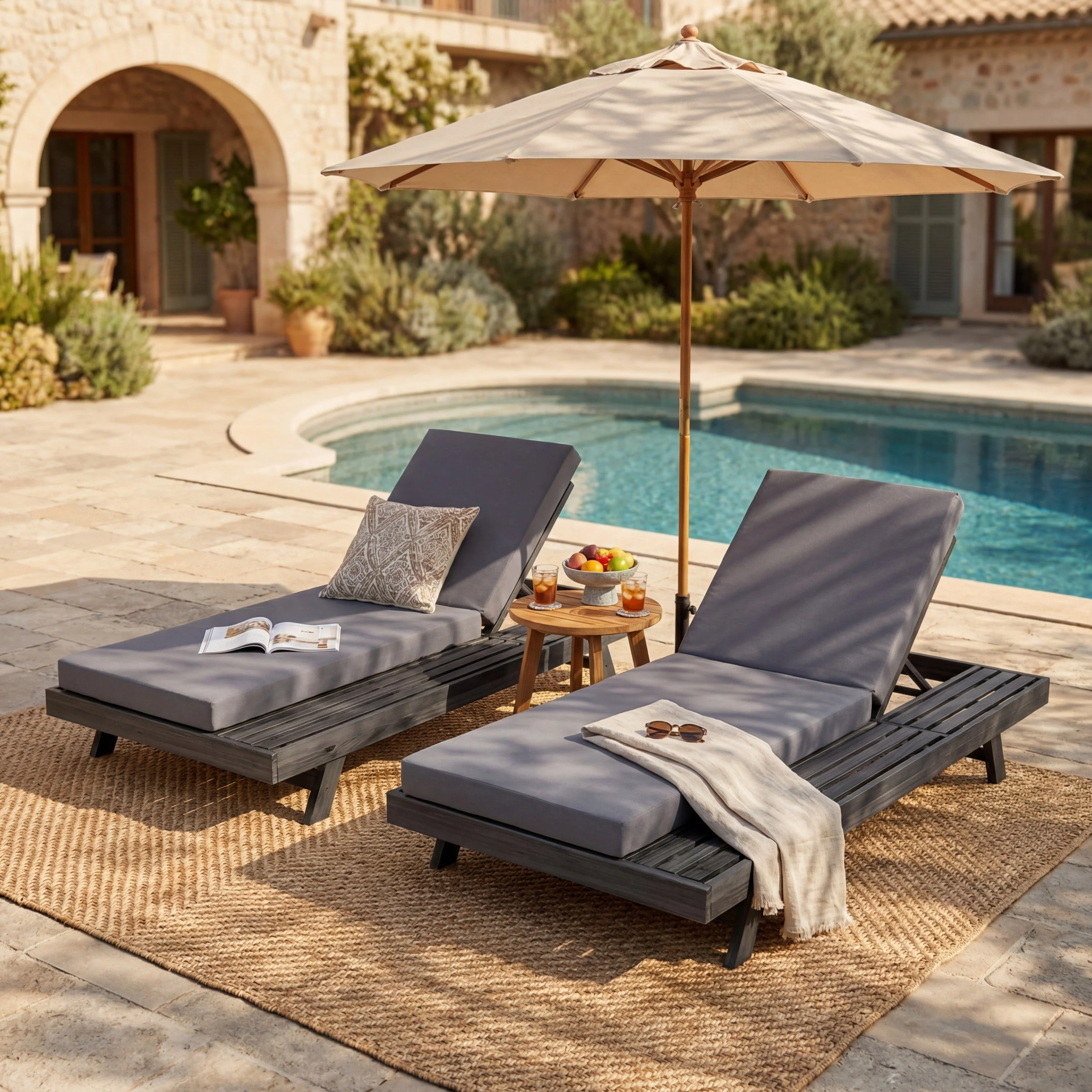 Lounge Chaise Set in Black Acacia Wood with Water-Resistant Cushions - Image 6