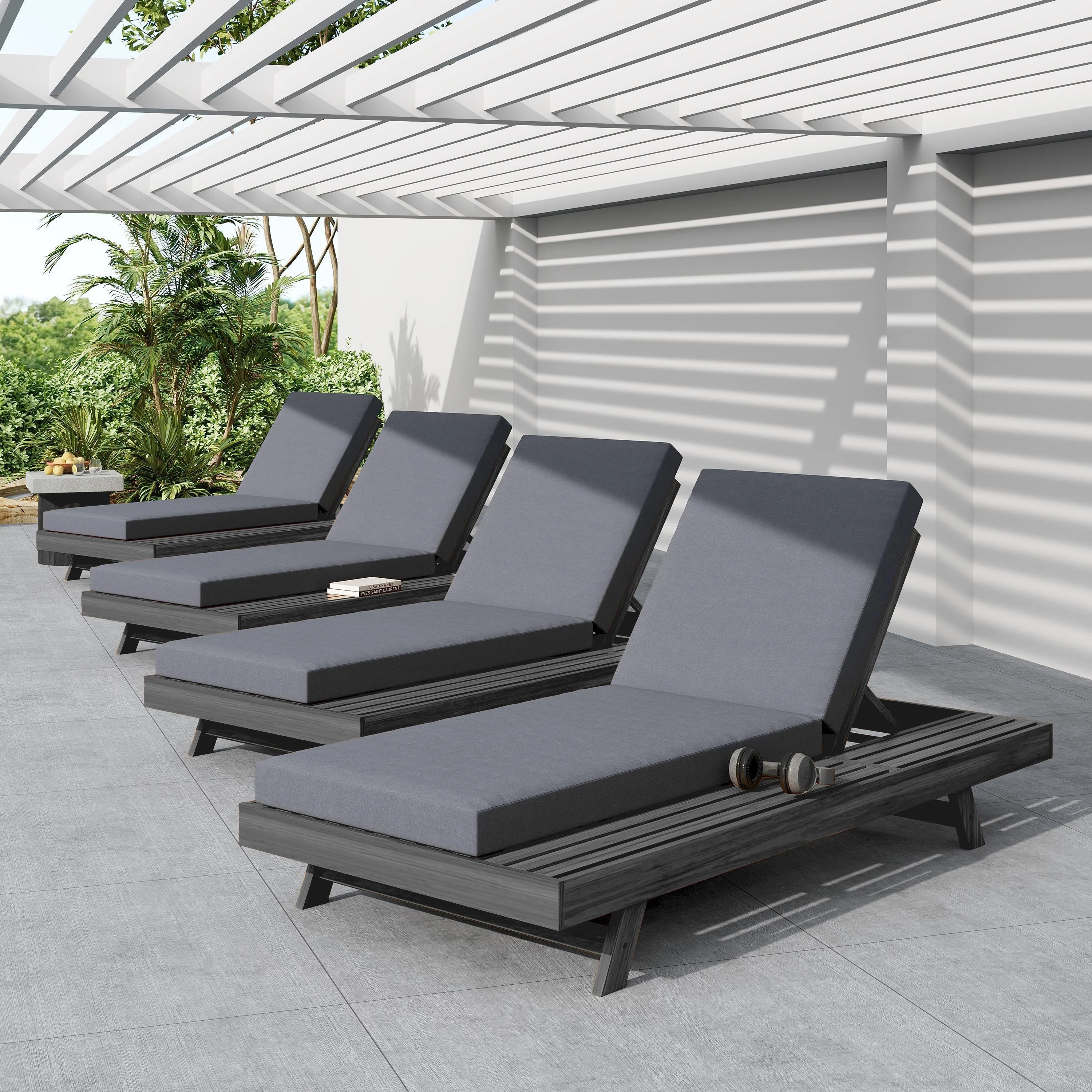 Lounge Chaise Set in Black Acacia Wood with Water-Resistant Cushions - Image 8