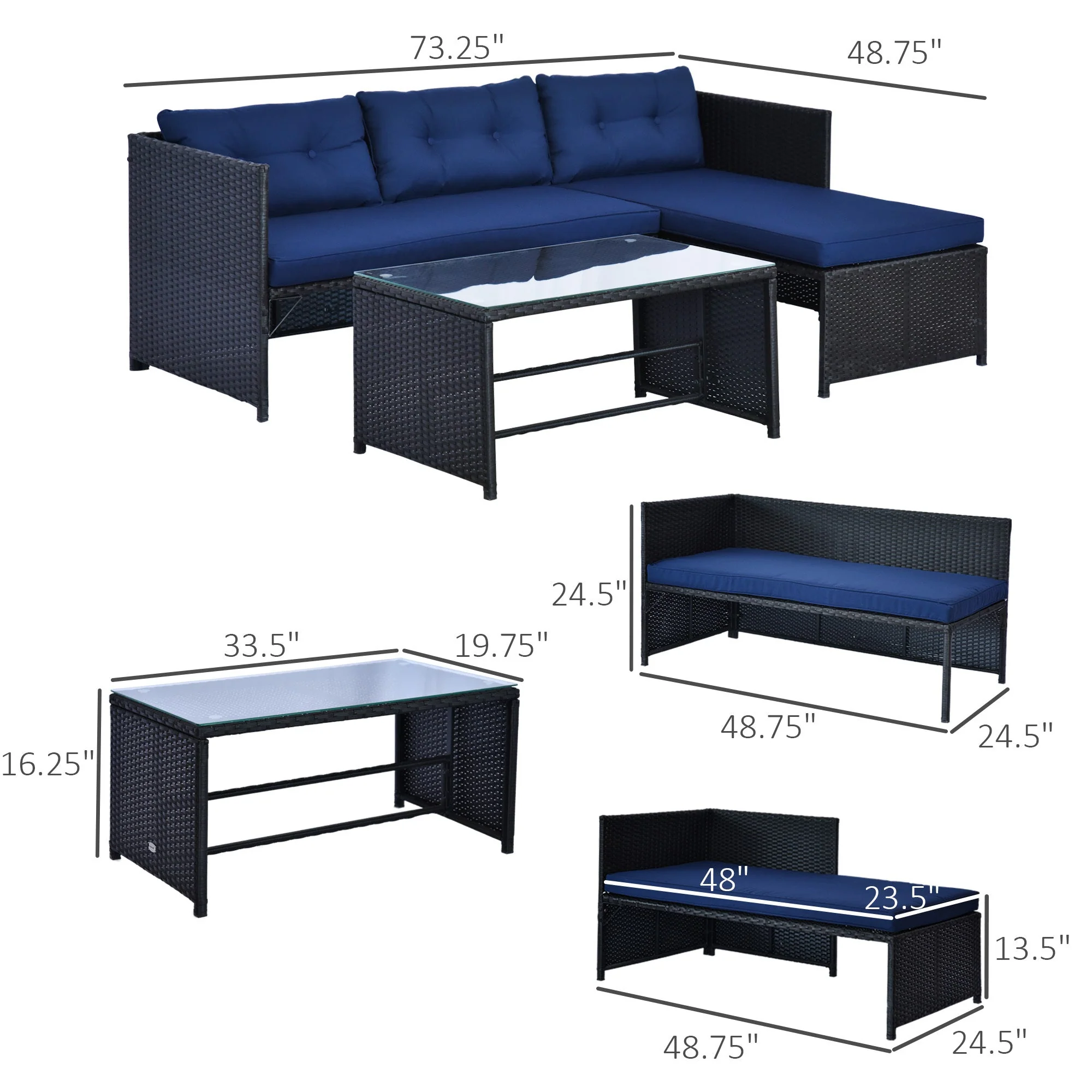 Loveseat Sofa Chaise Lounge Coffee Table Patio Furniture Set - Image 5