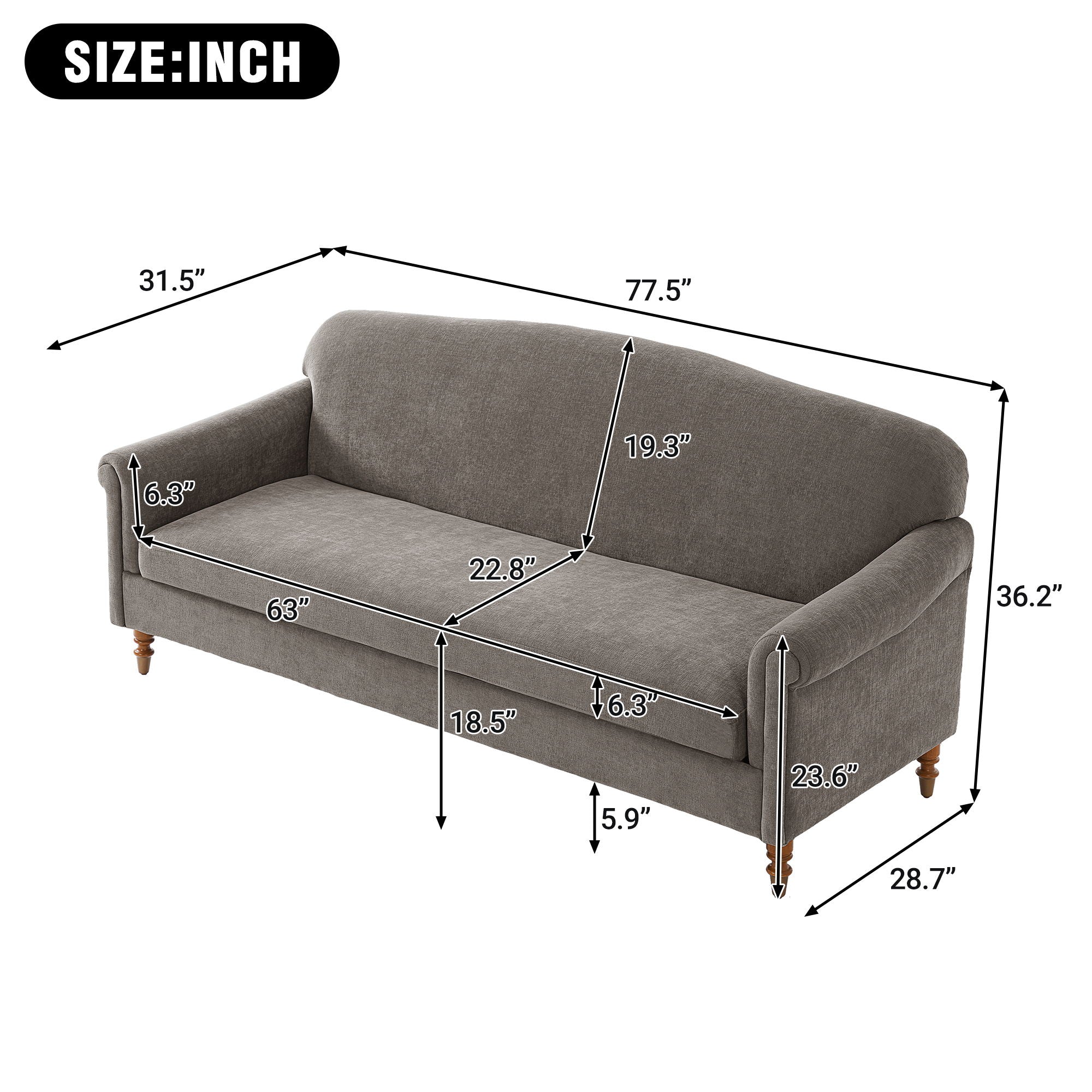 Loveseat Sofa with Rolled Arm for Living Room - Brown - Image 3