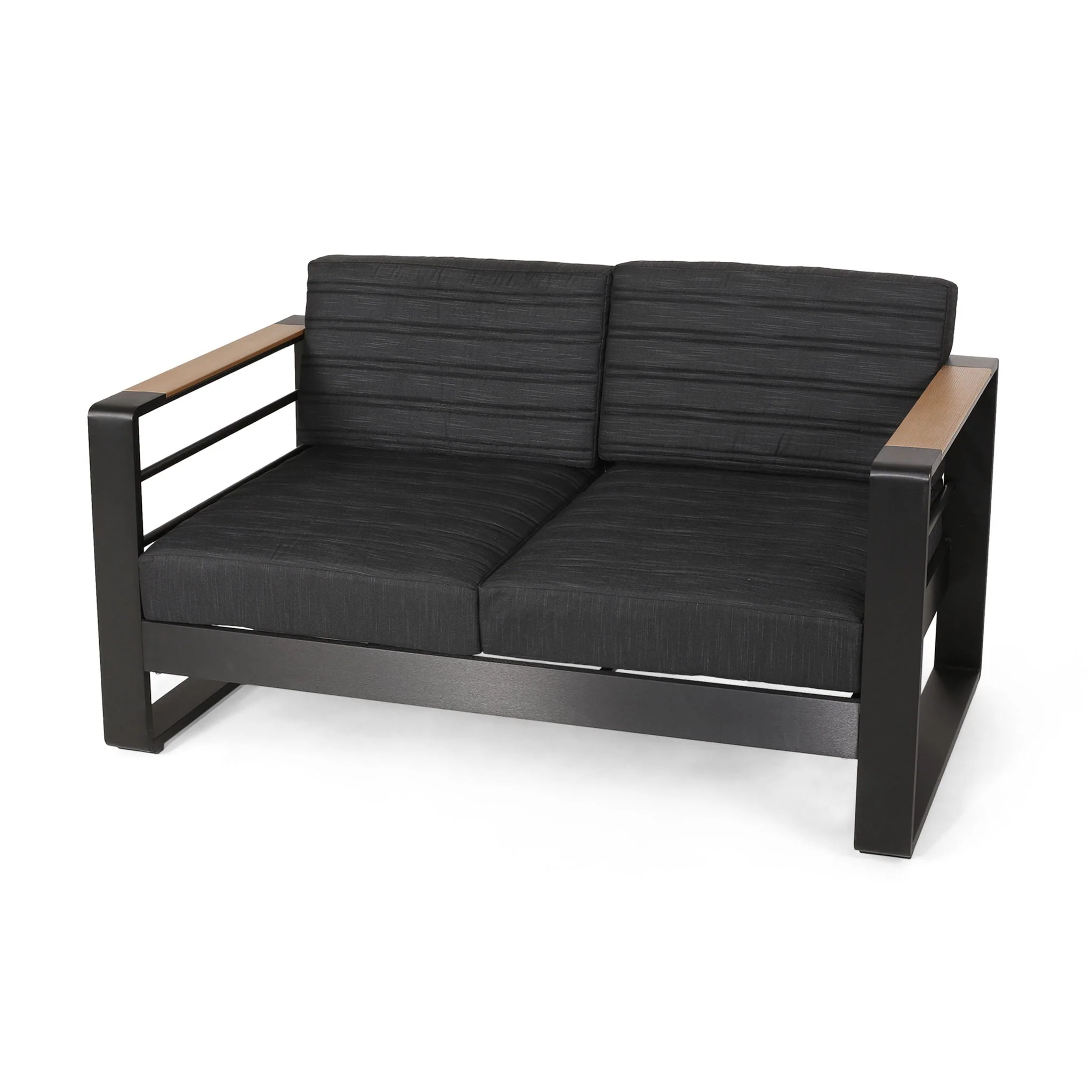 Loveseat With Slat Paneling And Aluminum Frame - Black - Image 2