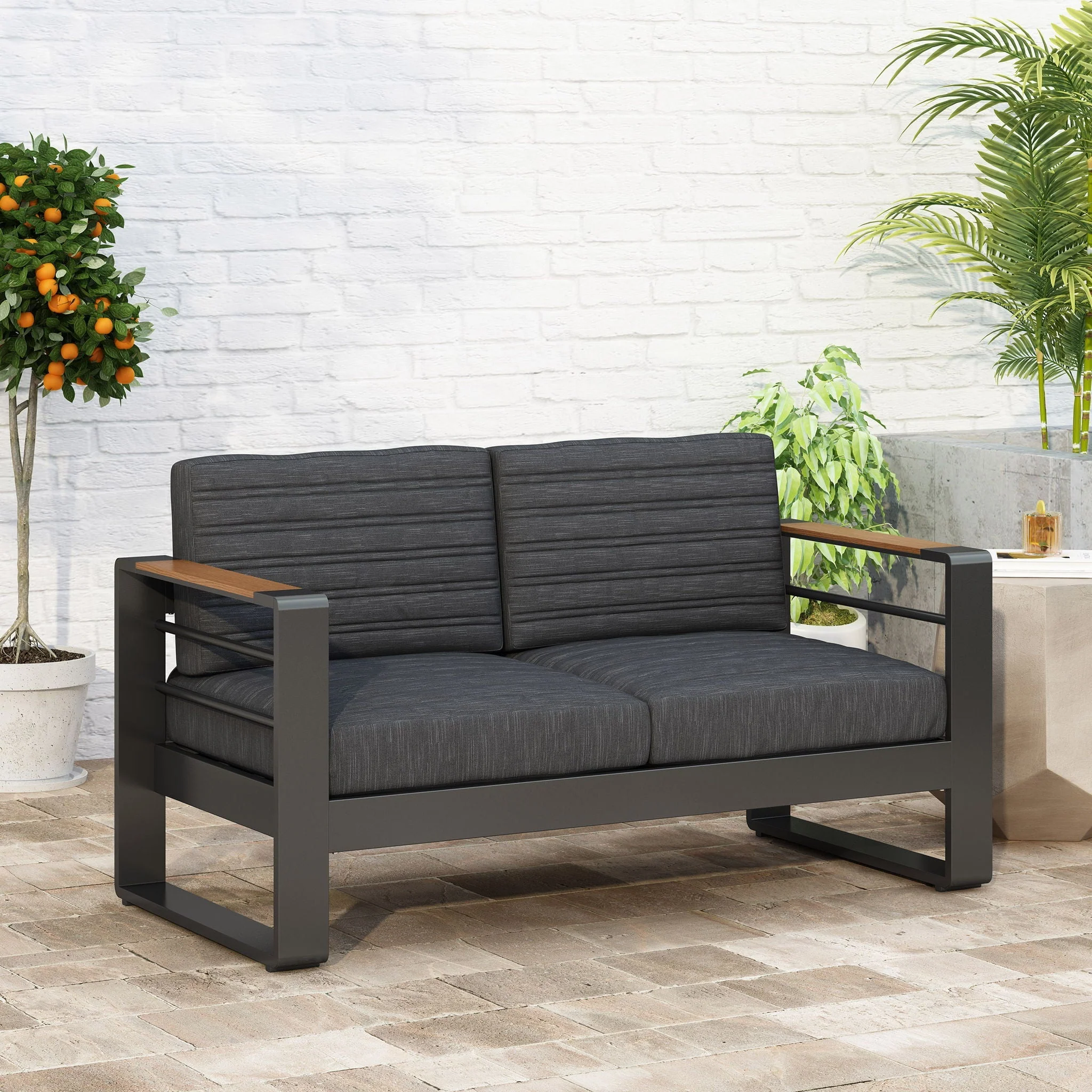 Loveseat With Slat Paneling And Aluminum Frame - Black - Image 4