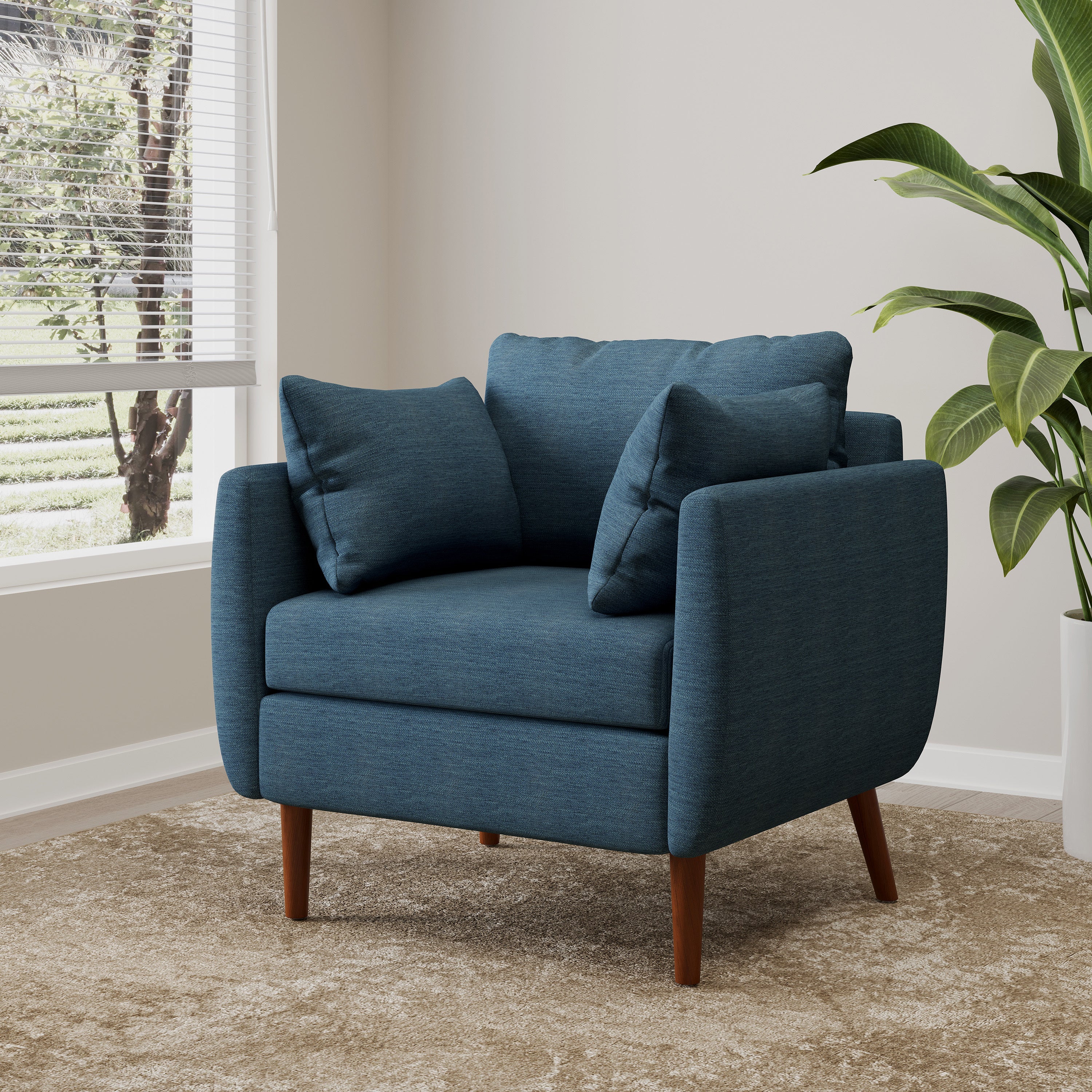 Luminate Upholstered Fabric Club Chair with Tapered Legs and 2 Accent Pillows, Navy Blue - Image 10