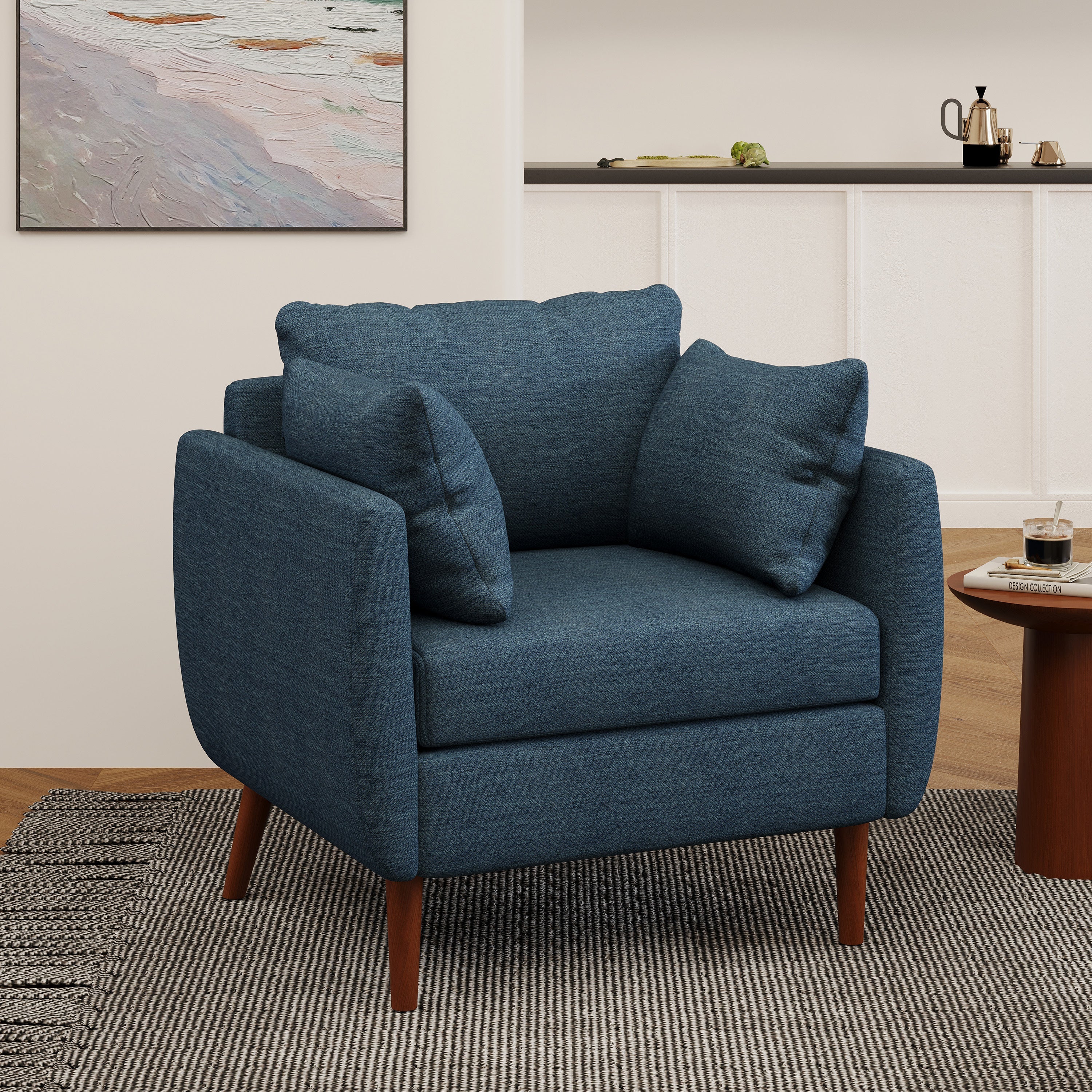 Luminate Upholstered Fabric Club Chair with Tapered Legs and 2 Accent Pillows, Navy Blue - Image 11