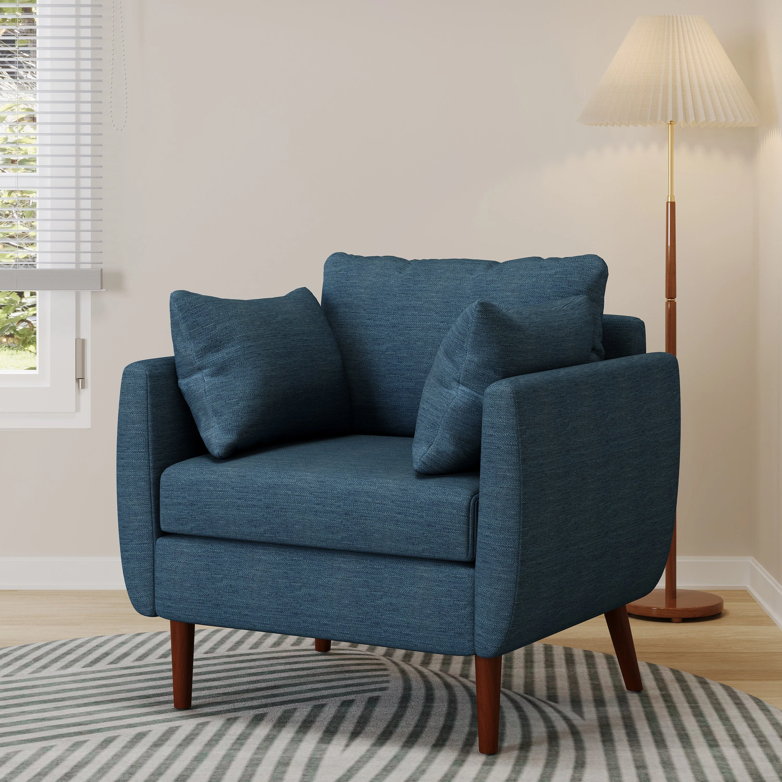 Luminate Upholstered Fabric Club Chair with Tapered Legs and 2 Accent Pillows, Navy Blue - Image 5