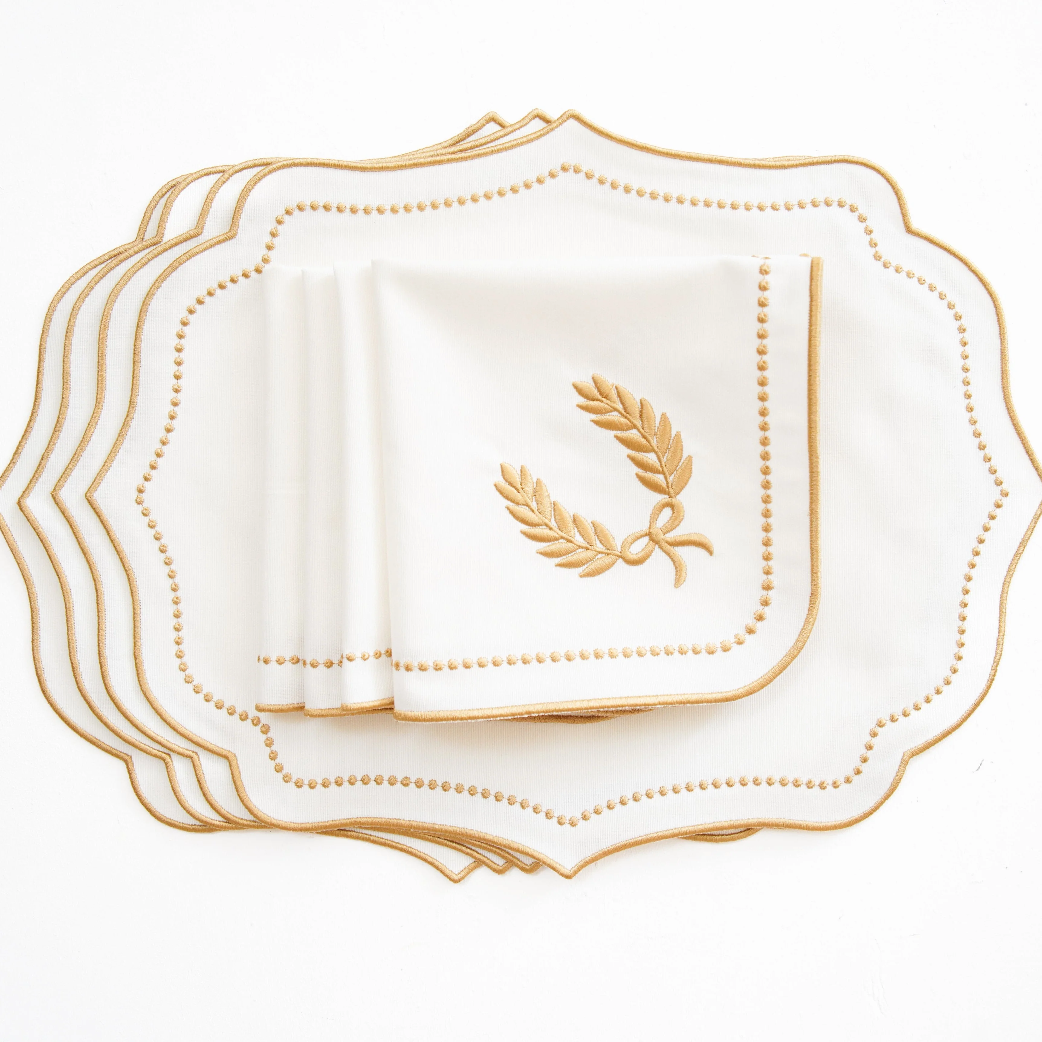 LUNA IVORY GOLD TRIM FABRIC PLACEMAT NAPKIN SET - Image 2