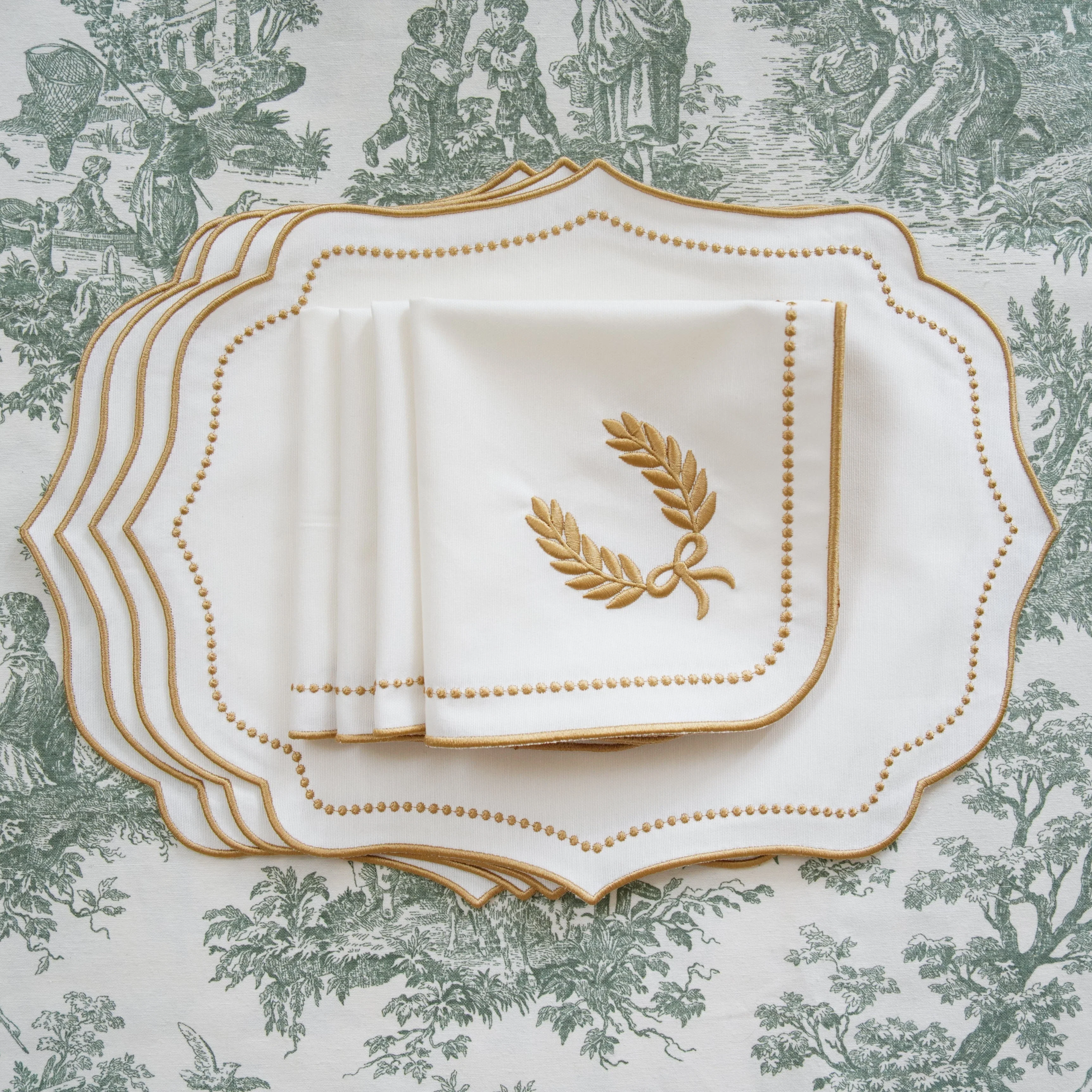 LUNA IVORY GOLD TRIM FABRIC PLACEMAT NAPKIN SET - Image 4
