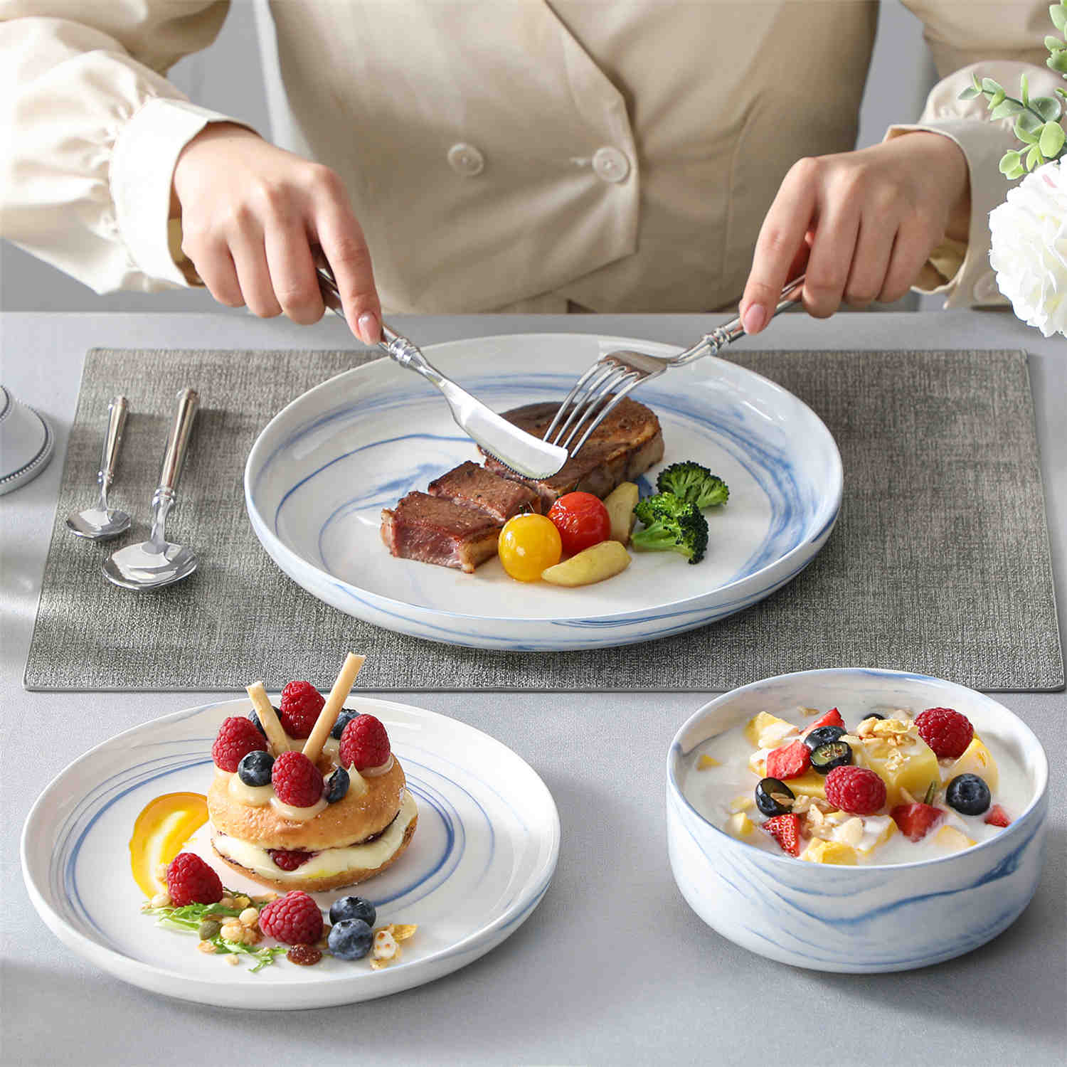Luna Marble Blue 12 Piece Dinnerware Set - Image 5