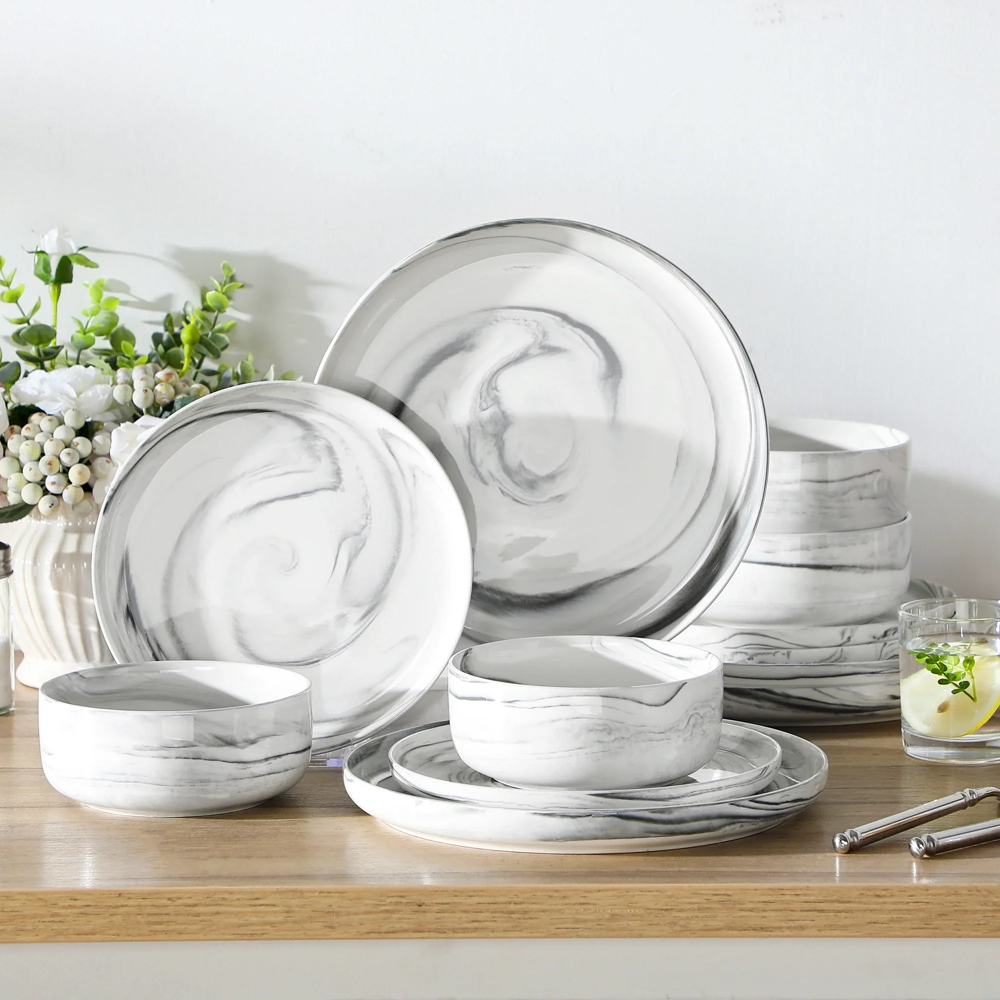 Luna Marble Grey 12 Piece Dinnerware Set - Image 2